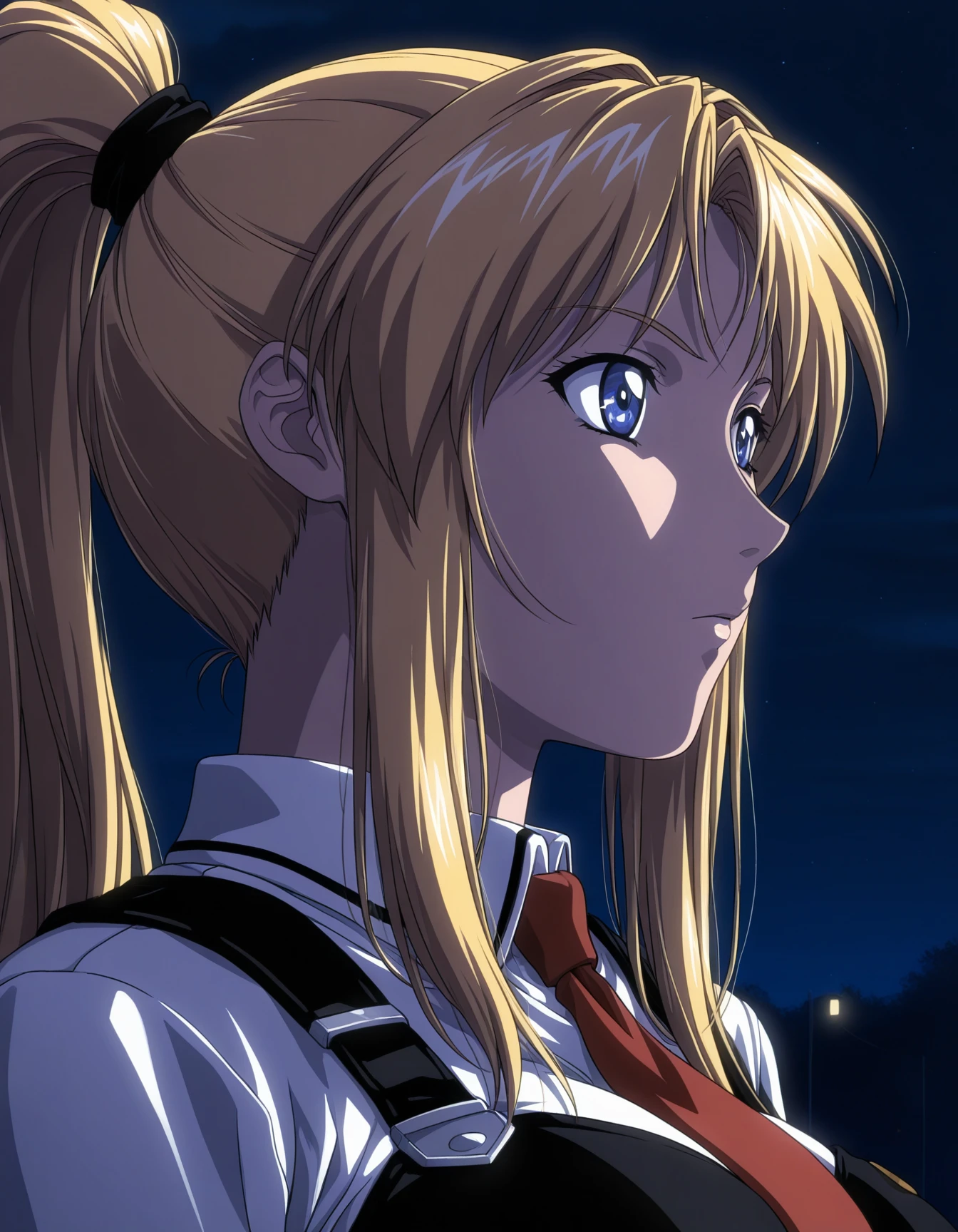 1girl, solo, saeki kaori, blonde hair, high ponytail, sidelocks, blue eyes, large breasts, BB_Uniform, school uniform, black vest, suspenders, white shirt, sleeve cuffs, red necktie, looking away, from side, portrait, (night, dark theme, low light:1.3), (anime coloring:1.3) <lora:saeki_kaori_ilxl_v1:0.8>