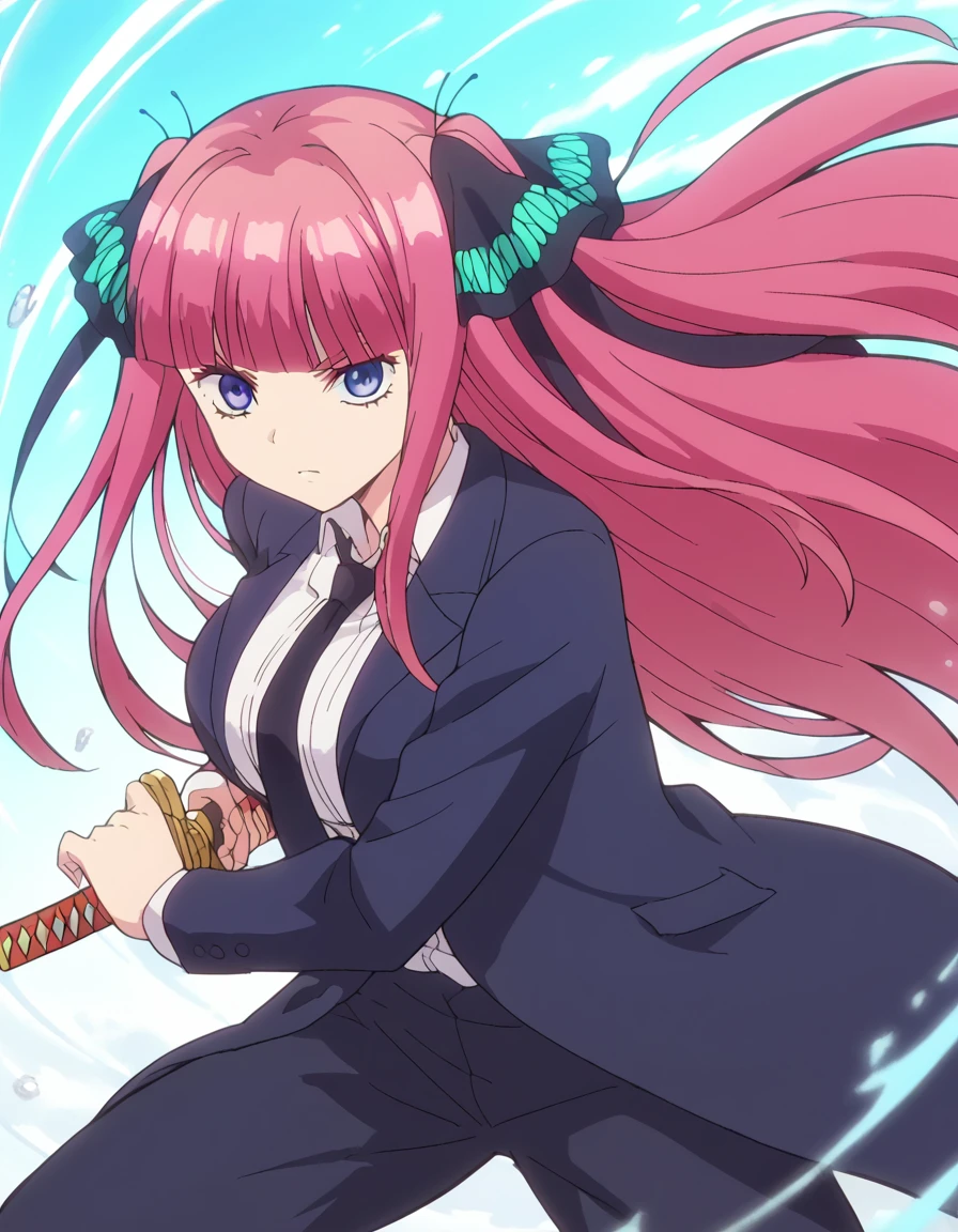 score_9, score_8_up, score_7_up, source_anime, <lora:nino-nakano-s1-ponyxl-lora-nochekaiser:1>, nino nakano, long hair, bangs, blue eyes, hair ornament, hair ribbon, pink hair, blunt bangs, two side up, butterfly hair ornament, large breasts, anime screencap, <lora:battoujutsu-stance-ponyxl-lora-nochekaiser:1>, battoujutsu stance, looking at viewer, holding, weapon, sword, holding weapon, holding sword, standing, katana, sheath, sheathed, fighting stance, ready to draw, shirt, long sleeves, jacket, white shirt, necktie, collared shirt, pants, black jacket, floating hair, black pants, formal, suit, black necktie, black suit, pant suit,,