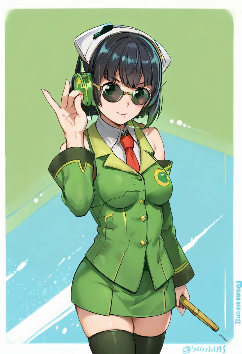 score_9, score_7_up, source_anime, masterpiece, best quality, detailed, perfect, perfection, aesthetic, absurd,
BREAK
1girl, kyomachi seika, green eyes, black hair, green hair, two-tone hair, short hair, bangs, hair between eyes, headphones,
BREAK
white shirt, green jacket, red necktie, detached sleeves, thighhighs,
BREAK
salt, sunglasses
BREAK
abstract background