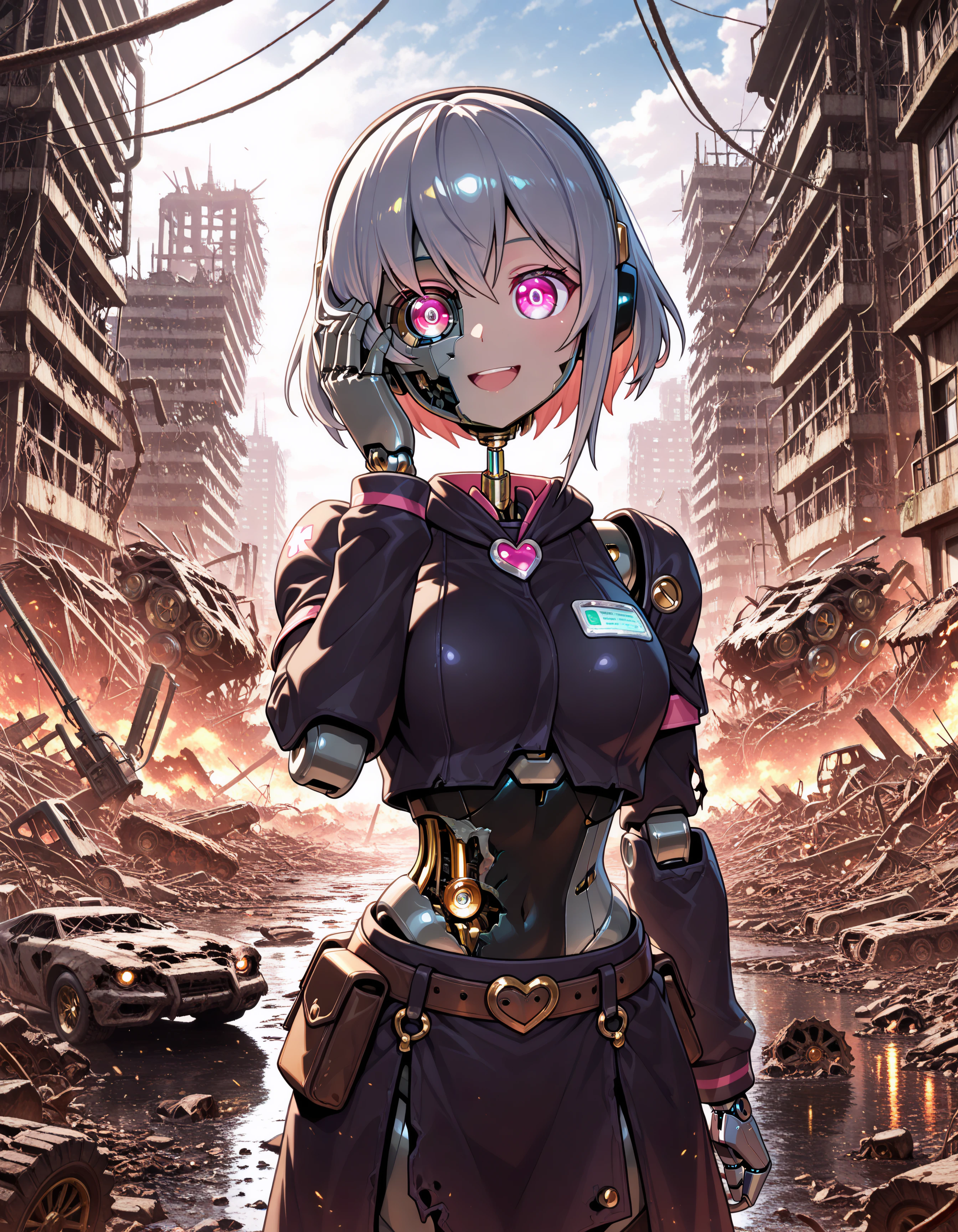 1girl, mechabare, apocalypse, (damaged body, android robot), ((holding her head, head missing, no head, detached head)), indoor, lab, happy, (clothed, ultra kawaii), hdr, low contrast, (hyper detailed wires, unreal engine 5)
(masterpiece, best quality, absurdres), masterpiece, highres, perfect anatomy, anime style, anime screenshot, 32k wallpaper, ultra high quality, (extremely detailed cg), (perfect lighting), (sharp image), AddXL,