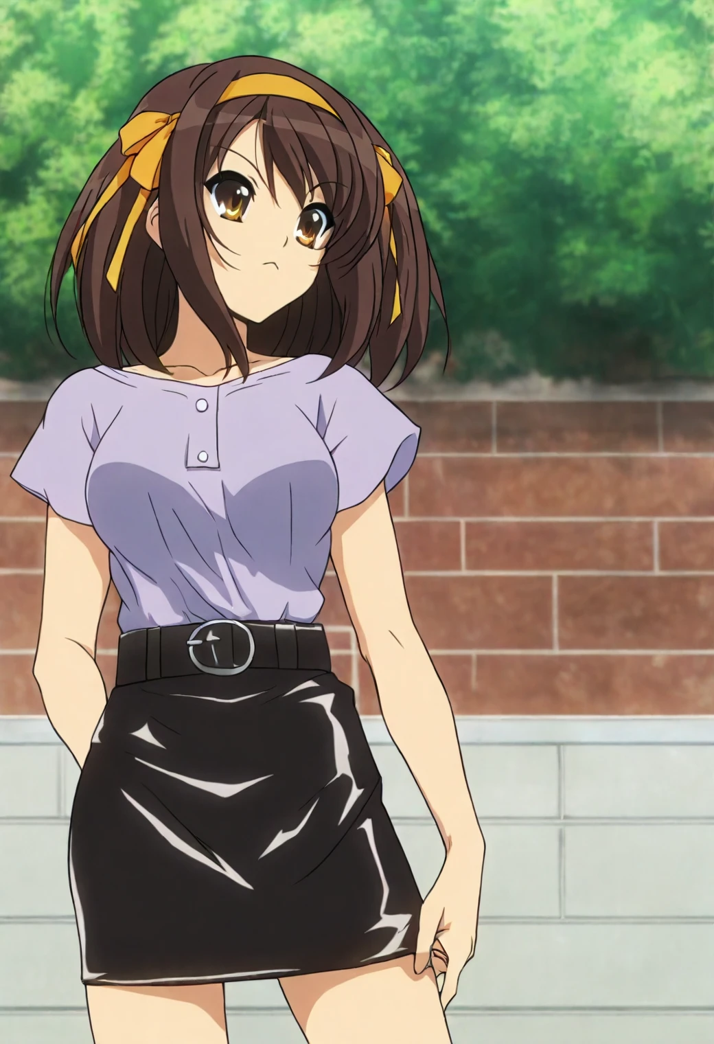 <lora:Haruhi Suzumiya - [The Melancholy of Haruhi Suzumiya] - illustriousXL v1:1>, sysdeep_haruhi,, medium hair, hairband, brown hair, brown eyes, anime coloring, 1girl, solo, sidewalk, adjusting heel, fitted blouse, leather skirt, busy street, distracted expression, subtle charm