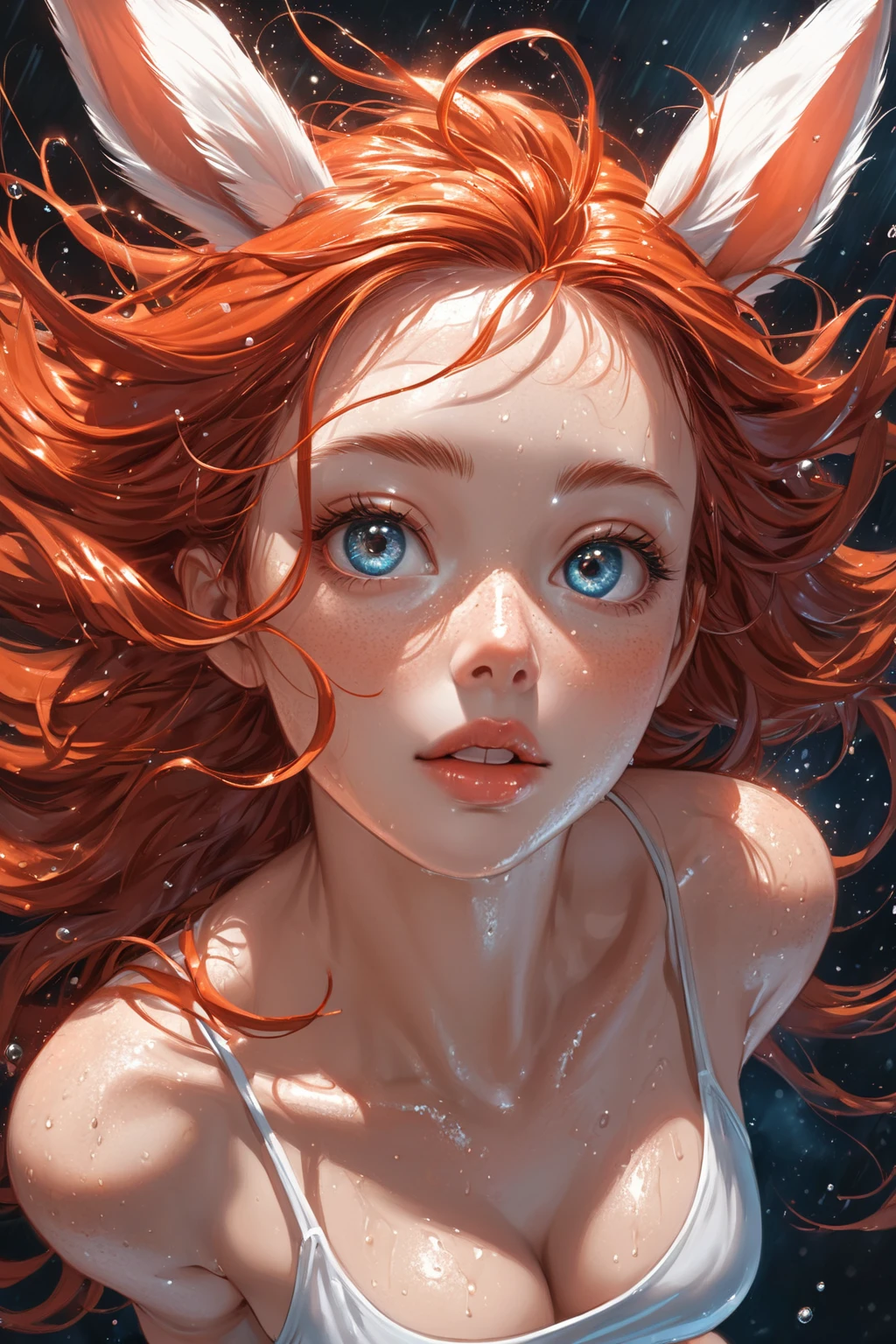 (lofi mature girl, cute), ((((view from above))), dutch angle), (((dynamic seductive pose, intimate))), (((freckle)), gloss shine lips, (rabbit ear), (((perfect big eyes))), ((long white messy hair))), (jogging), (all wet, (firefly), rain, wind), (in space, warm red light, ((reflection)), play of light and shadow), (((grainy texture)), ultra detailed, ultra realistic)