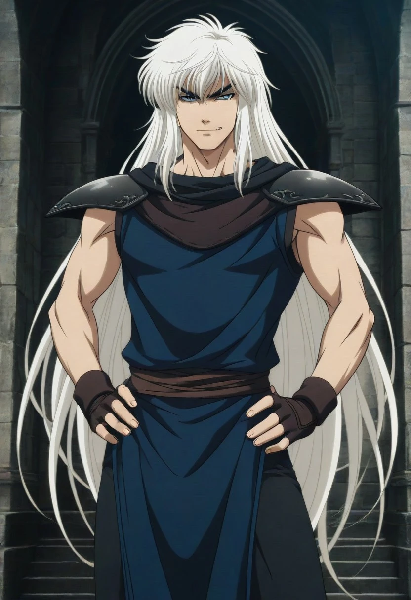 ((masterpiece)), ((best quality)), ((ultra-detailed)), ((absurdres)), score_9_up, score_8_up, score_7_up,
HD, top quality, best quality, amazing quality, High-quality illustrations, anime screencap, source_anime, best aesthetic, perfect proportions, perfect eyes, 1boy, 1male, solo boy, solo male, male focus, solo male focus, Anime, boy, male anime character, anime boy, handsome, cute, charming, sexy, good-looking, Dark Schneider, white hair, very long hair, blue eyes, slit pupils, fangs, sleeveless medieval outfit, robe, pauldrons, fingerless gloves, leggings, ((cowboy shot, head to hips shot)), ((muscular body, hunk body, toned body, lean body)), ((tall body, tall height)), ((medieval period, dark fantasy, gray skies)), ((smirk)), ((hands on hips pose))
