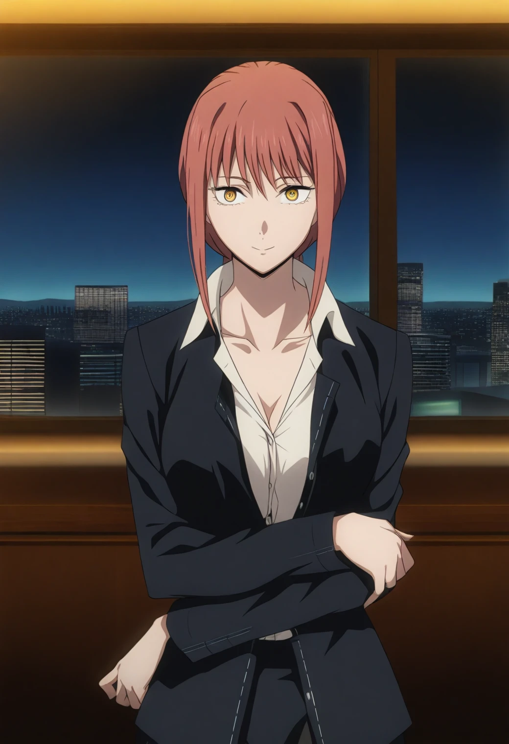 <lora:Makima - [Chainsaw Man] - illustriousXL v1:1>, sysdeep_makima, long hair,  auburn  hair, braid, ponytail, yellow eyes, anime coloring, businesswoman, office, standing by window, unbuttoned blazer, confident expression, cityscape view