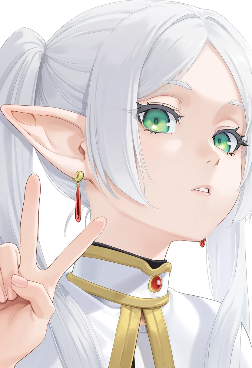(frieren:0.5), 1girl, solo, long hair, looking at viewer, simple background, white background, jewelry, twintails, green eyes, white hair, grey hair, earrings, parted lips, pointy ears, parted bangs, v, capelet, portrait, elf, white capelet