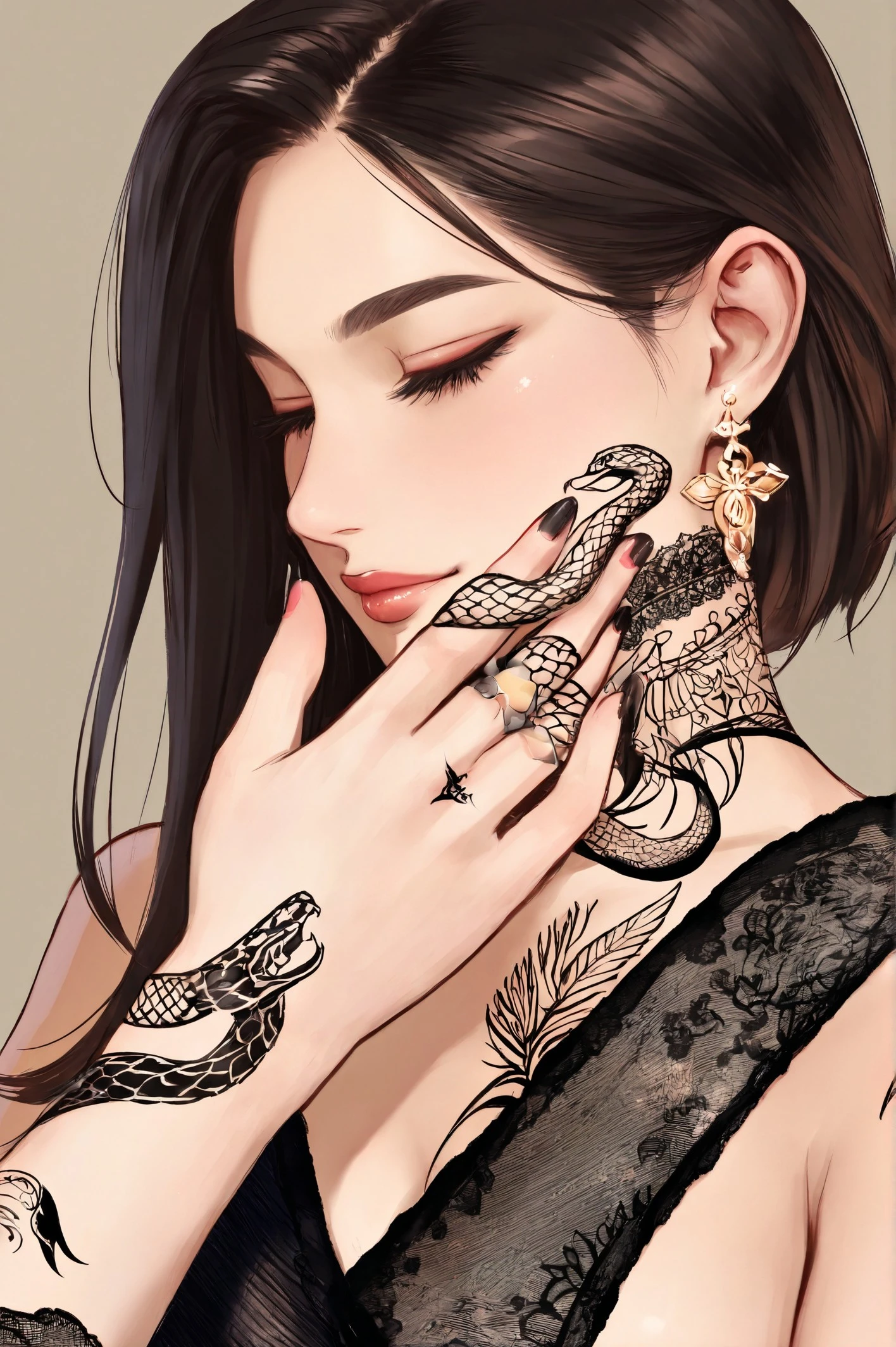 woman with a tattoo of snake on hand, beautiful, Exceptional quality , Advanced detail , 
<lora:snake_tattoo_illustrious:0.75>