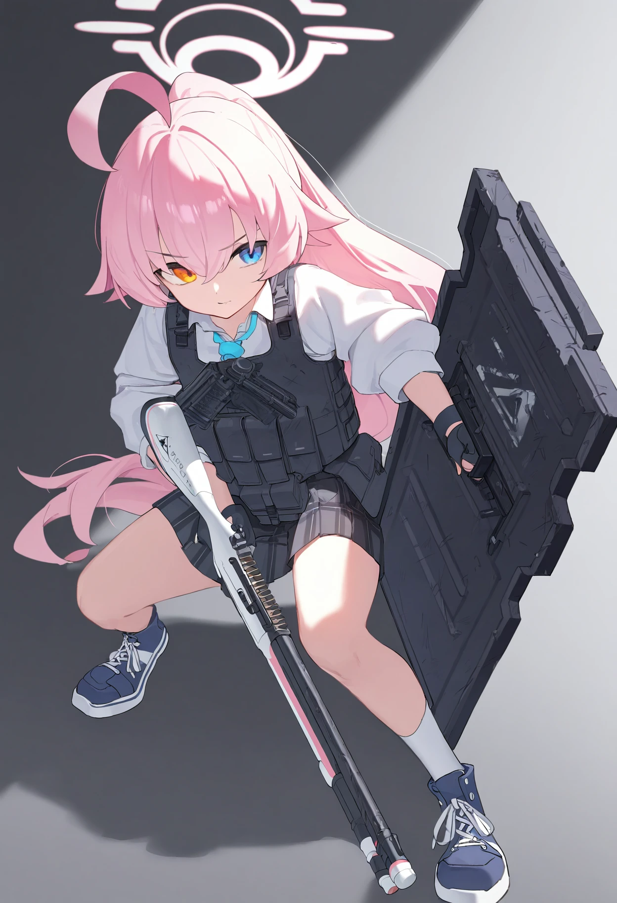 1girl, hoshino \(armed\) \(blue archive\), shotgun, solo, weapon, gun, heterochromia, ahoge, shield, pink hair, blue necktie, (masterpiece, best quality, newest, very awa, absurdres, highres), <lora:hoshino_armed_blue_archive>