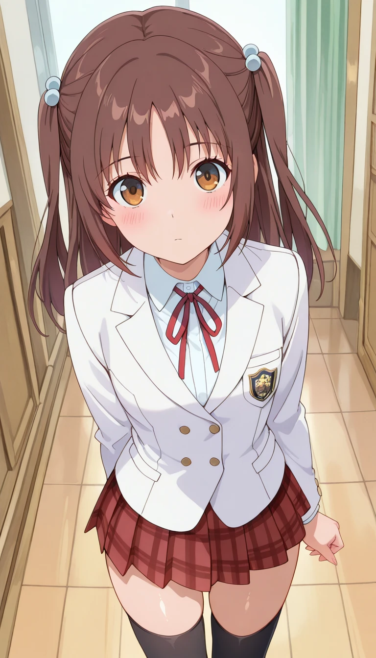 (masterpiece),best quality,amazing quality,very aesthetic,absurdres,newest,perfect body,shiny skin,perfect eyes,detail1eye,well-defined fingers,well-defined fingernails,anime style,indoors,1girl,solo,upper body,(portrait:1.5),looking at viewer,facing viewer,expressionless,blush,Uchida Yuka,long hair,brown hair,two side up,hair ornament,hair bobbles,bangs,brown eyes,school uniform,white jacket,blazer,neck ribbon,red ribbon,collared shirt,white shirt,small breasts,miniskirt,red skirt,pleated skirt,plaid skirt,zettai ryouiki,black thighhighs,loafers,<lora:Uchida Yuka(m-k)-Illus:2>,