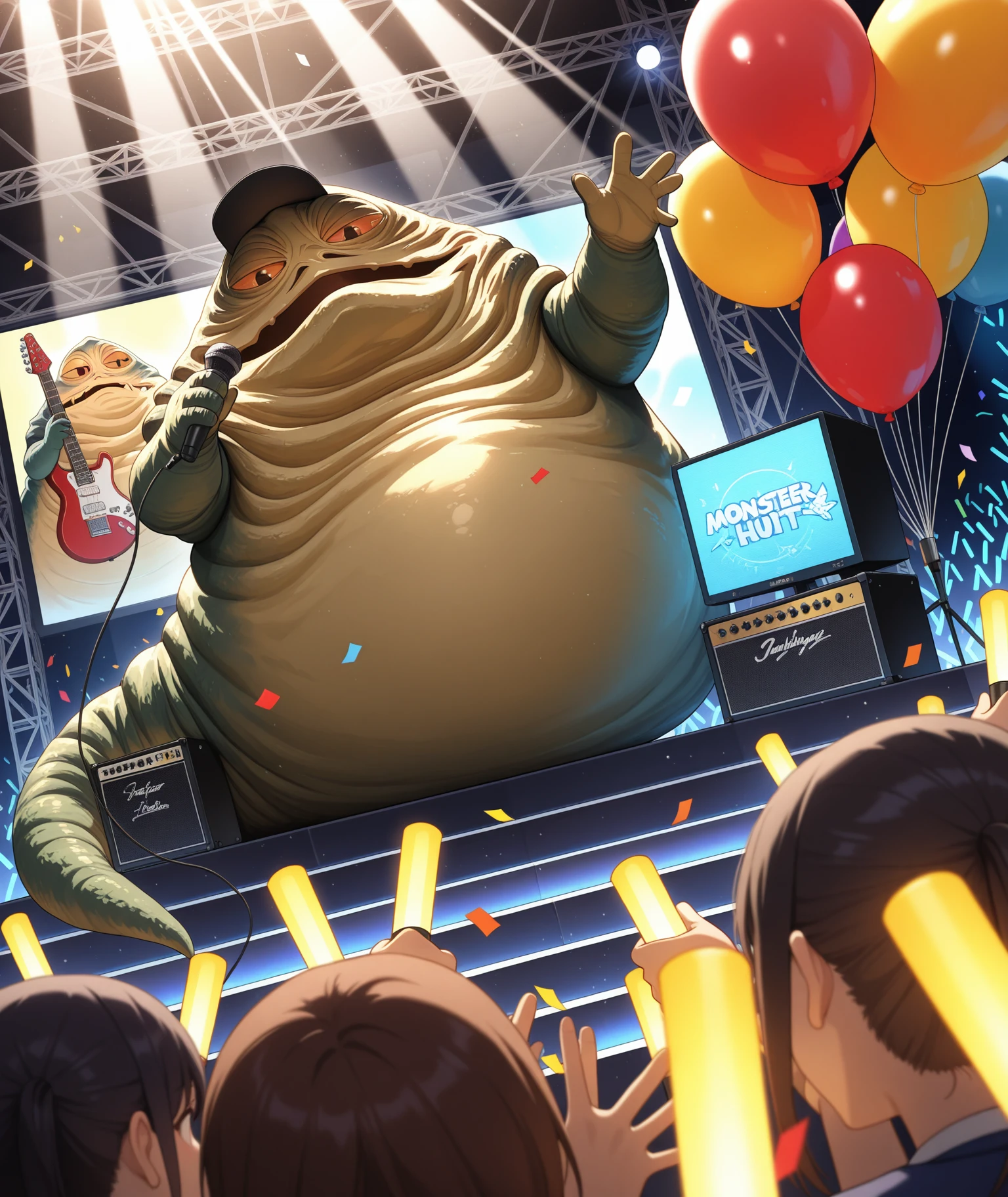 <lora:swJabba_IL_LoRA+_8_8_8_8_4_AdamW:1>, jabba the hutt, monster, snake, orange sclera, colored skin, baseball cap, looking down, scenery, confetti, balloon, microphone, holding microphone, holding instrument, electric guitar, amplifier, idol, party, light particles, light rays, dutch angle, from below, stage,stage lights, spotlight, crowd, audience, hands up, waving hands, holding glowstick, penlight \(glowstick\), monitor, screen, studium, masterpiece, best quality, amazing quality