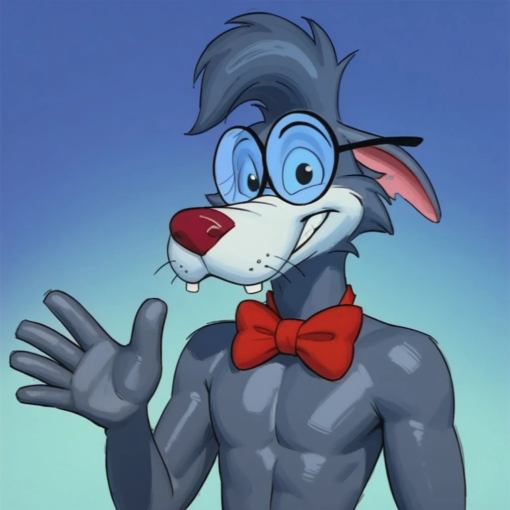 score_9, score_8_up, score_7_up, Expressiveh, masterpiece, best quality, highly detailed, realistic, 1boy, solo, (RegWilford,furry, anthro, canine, wolf, blue hair, short hair, round glasses, black glasses, ears down, pink inner ear, blue sclera, black eyes, red nose, whiskers), upper body, (blue background, simple background), smile, looking at viewer, closed mouth, red bowtie, pixelsketcher, topless, waving, 4 fingers, teeth
