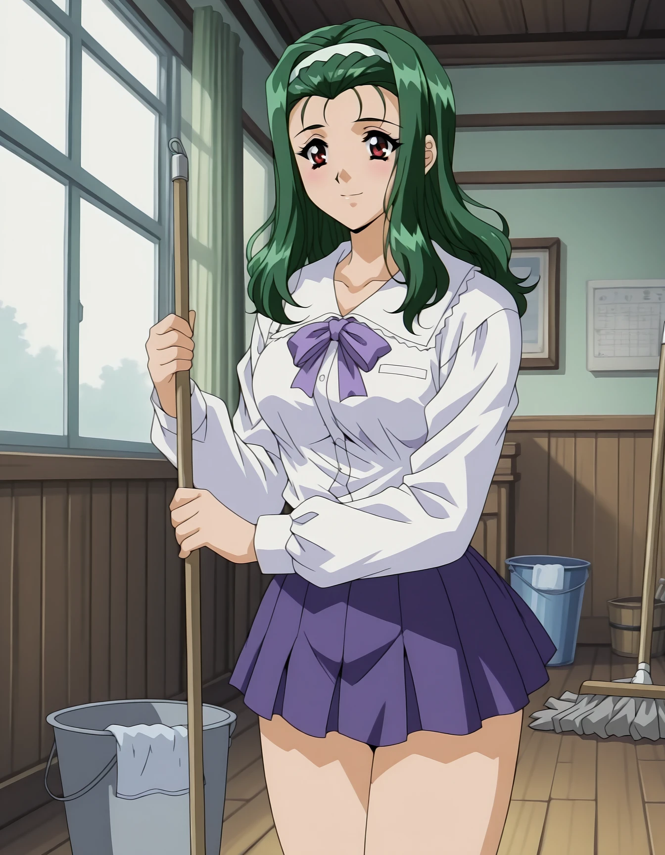 <lora:shuusaku-ova-illustrious-000008:1> nagisa, school uniform, white shirt, purple bow, purple skirt, microskirt 1girl, solo, light smile, holding mop, cleaning, window, bucket, floor, cowboy shot, masterpiece, best quality
