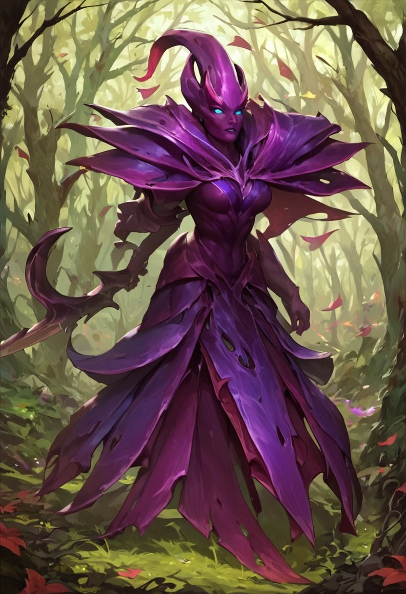 score_9, score_8_up, score_7_up, score_6_up, 1girl, spectre_dota2, purple skin, blue eyes, holding weapon, full body, muscular, breast, green forest, attacks wolves