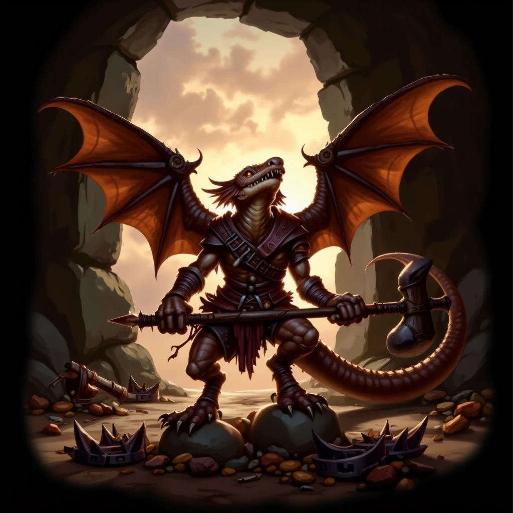 Dark Moody Atmosphere, Dark Fantasy Art, <lora:koboldsv1.0-flux:1> kobolds, fantasy, digital, drawing, humanoid, reptilian, scaly, A determined kobold stands guard at the mouth of a dark cave, brandishing a spiked club. Its leathery wings are spread wide, silhouetted against the glow of a setting sun. Jagged rocks surround the entrance, and crude wooden traps are scattered on the ground. The kobold snarls, its tail flicking back and forth as it prepares to defend its lair from intruders. The faint glimmer of treasure deeper in the cave hints at the hoard it protects., dark, moody, dark fantasy style, dramatic, mysterious, dark moody atmosphere