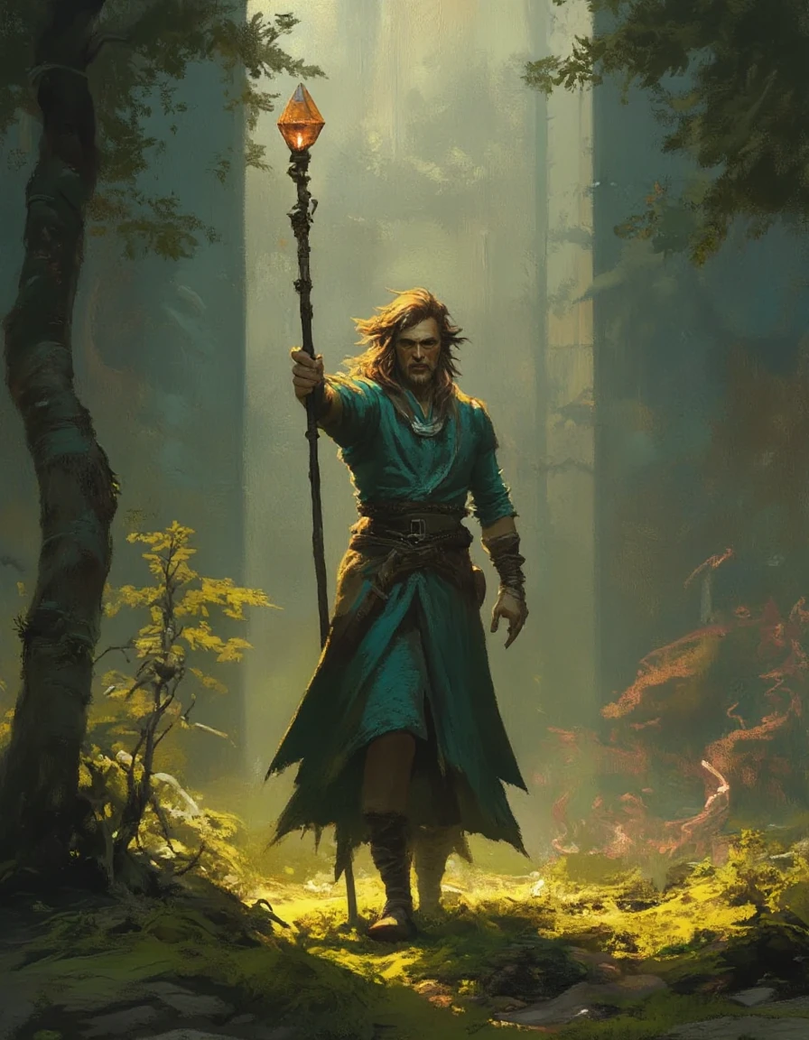 Fantasy painting of a wizard in a forest clearing holding his crystal-topped staff aloft casting magic summoning a portal, glowing magic trails light dust