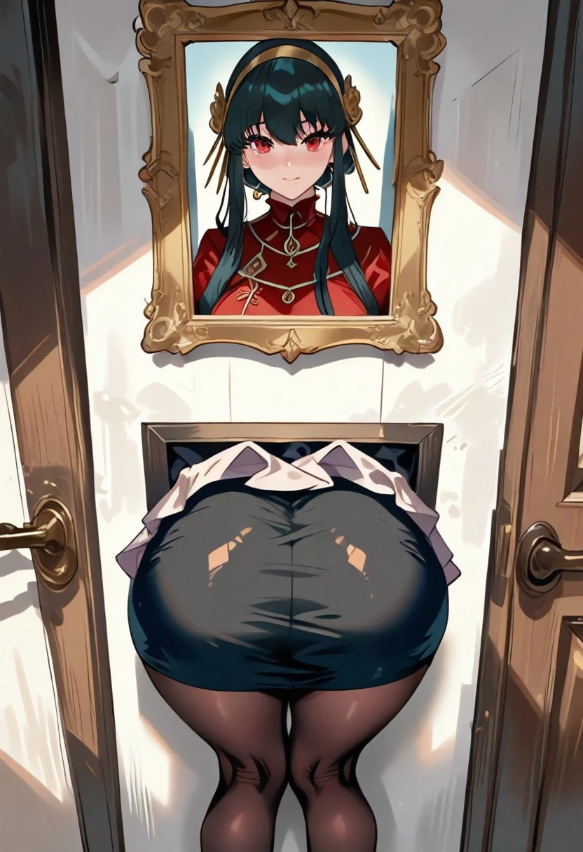1girl, solo, masterpiece, best quality, high res, highly detailed, (illustration), beatiful detailed eyes, glossy lips, light makeup, blush, (glory wall pose:1.2), (picture in a frame), (ass focus), (lace panties), short skirt, tomoyo, (aged up:1.3), medium breasts, skinny thighs