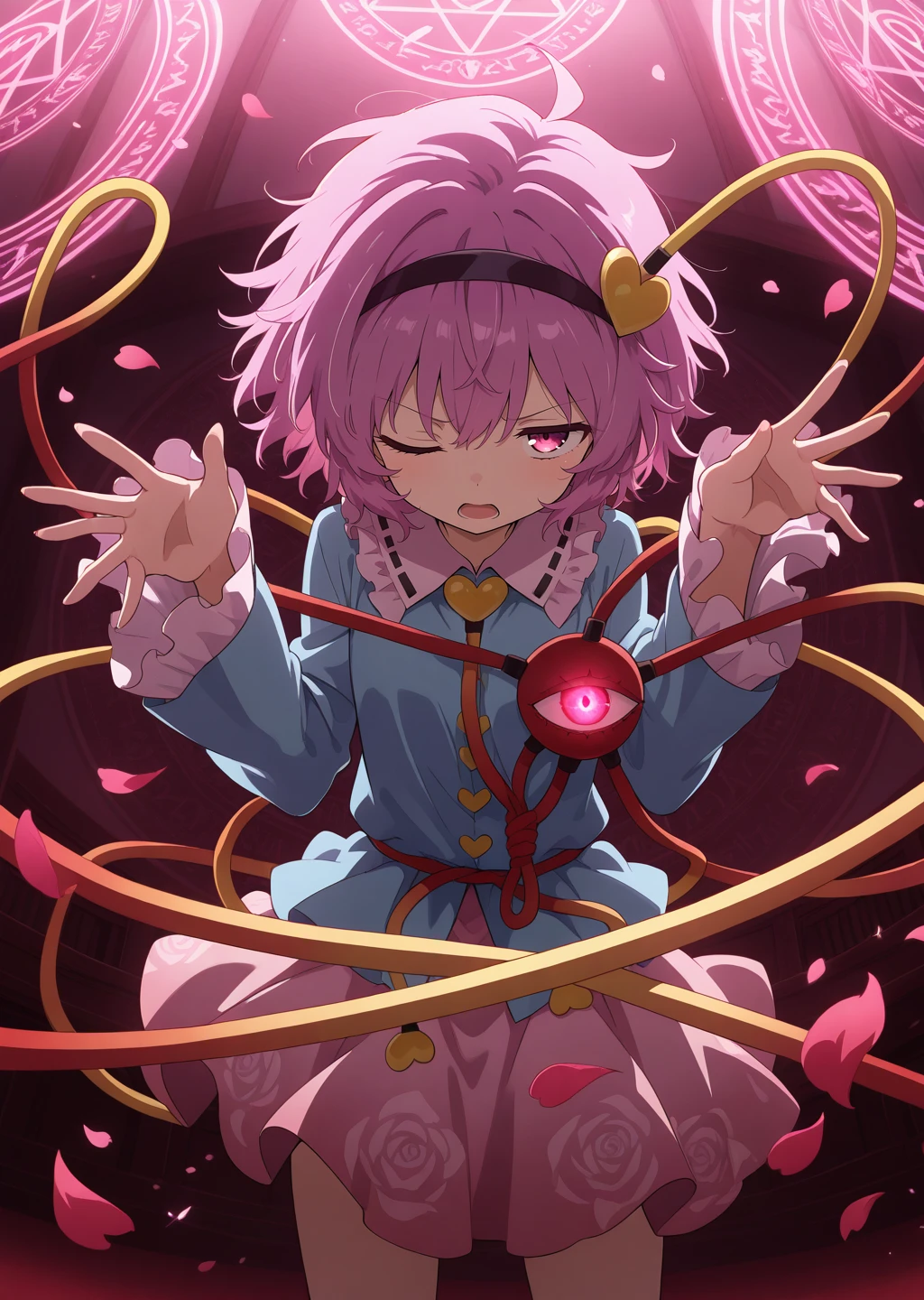 absurdres, highres, masterpiece, best quality, amazing quality, official anime artwork, screencap, anime screencap, indoors, dynamic pose, looking at viewer, from below
<lora:Komeiji-Satori_illustrious:1> komeiji satori, 1girl, solo, pink eyes, third eye, pink hair,, hairband, blue shirt, frilled shirt collar, frilled sleeves, wide sleeves, pink skirt,
flowers, petals, magic circle, open mouth, one eye closed, glowing eye, red eye,
