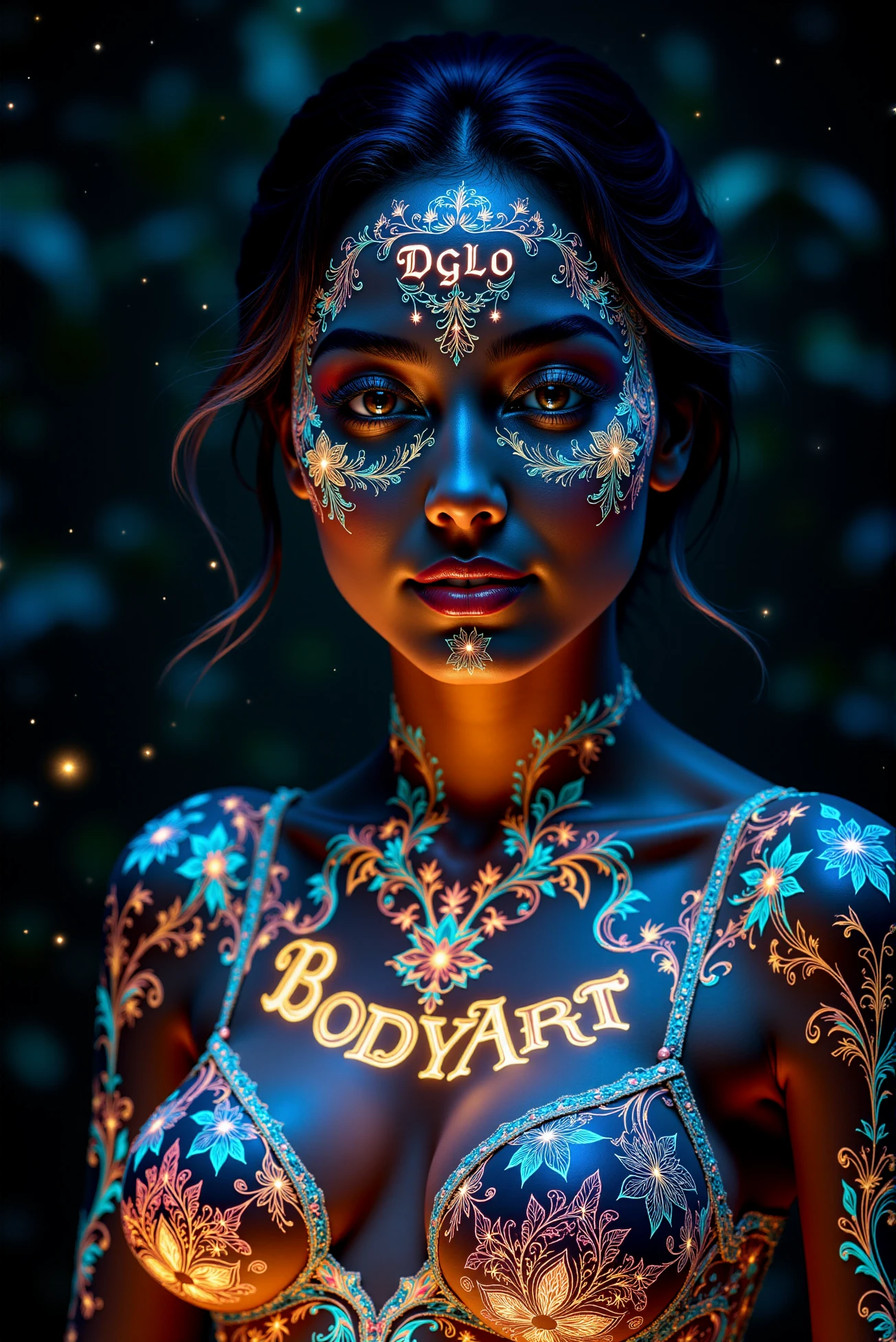 <lora:DGLO_style_v.81:0.75> DGLO style. A young woman of fair complexity, her skin adorned with (fine, intricate body art of ornate floral patterns), which glows in luminous neon shades including blue, white and green. (Her body art is perfectly interwoven with a calligraphic quality letters "DGLO" on her forehead ((and a bold letters "BodyArt" glowing in amber on upper part of her chest))). She wears a gentle smile. Background is dark, dramatic, almost black night sky with tiny stars.