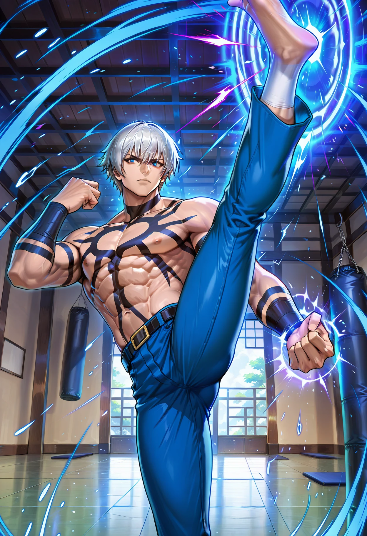 (masterpiece:1.2, best quality), KOFOrochi, 1man, muscular, white hair, medium hair, body paint, action pose, white pants, belt <lora:KOFOROCHI:0.65> <lora:HaAniMen-000009:0.55>