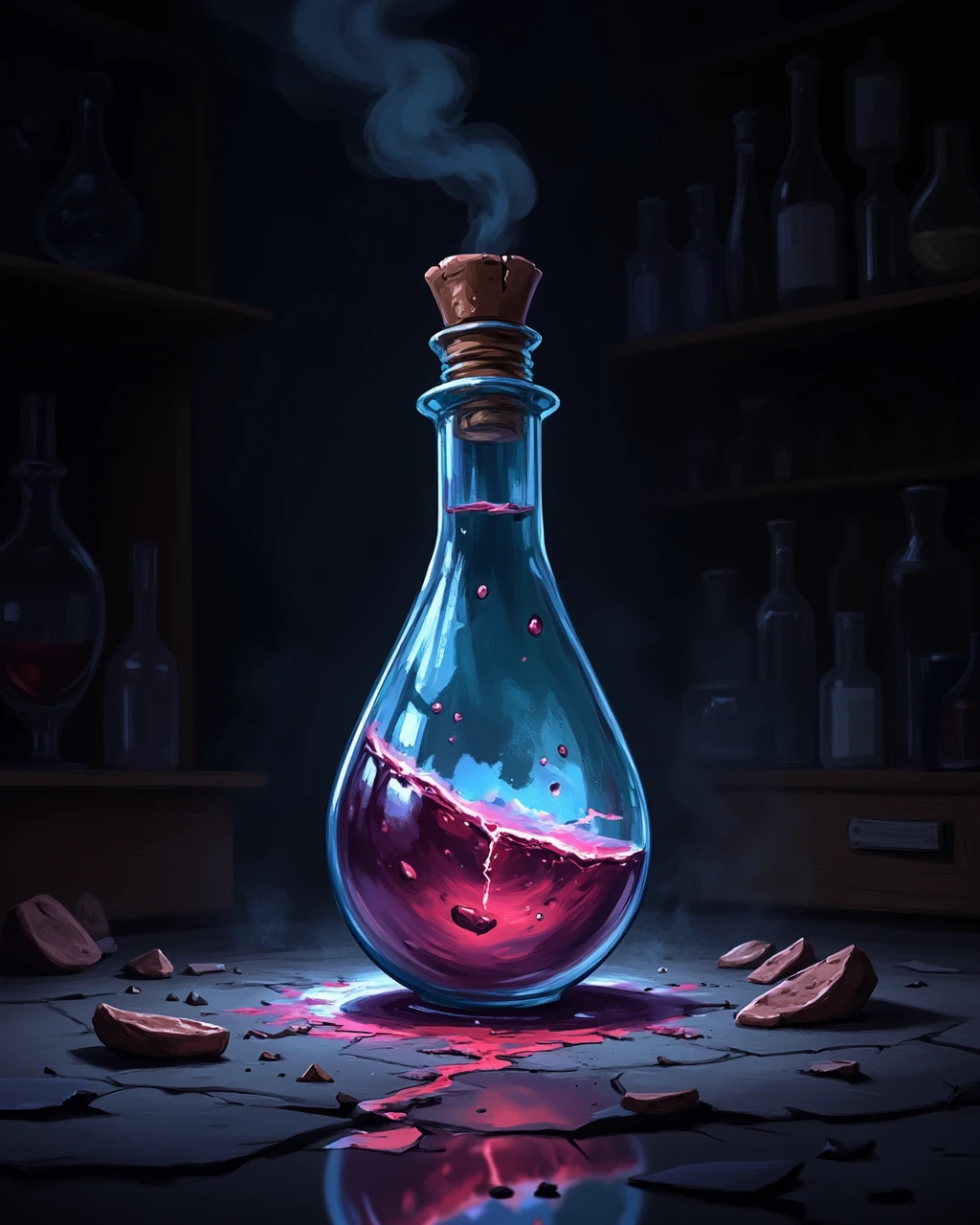 wc1dnd_style, Digital painting, a cracked alchemistâs vial with swirling, iridescent liquid spilling out, the liquid glowing faintly as it touches the ground, surrounded by shards of glass and faint smoke rising into the dim air of a cluttered laboratory <lora:Organic_Sauce_-_FLUX:0.2> <lora:Flux.Digital_Painting_DnD:0.9>