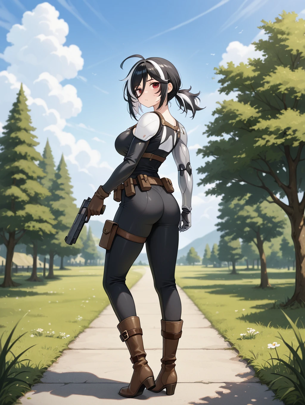 orca, 1girl, solo, black hair, red eyes, gloves, holding, full body, weapon, ahoge, white hair, boots, outdoors, food, sky, cloud, holding weapon, tree, gun, brown footwear, grass, holding gun, handgun, mechanical arms, single mechanical arm,
masterpiece, best quality,amazing quality, very aesthetic, absurdres, depth of field, blurry background, extremely detailed face, detailed eyes