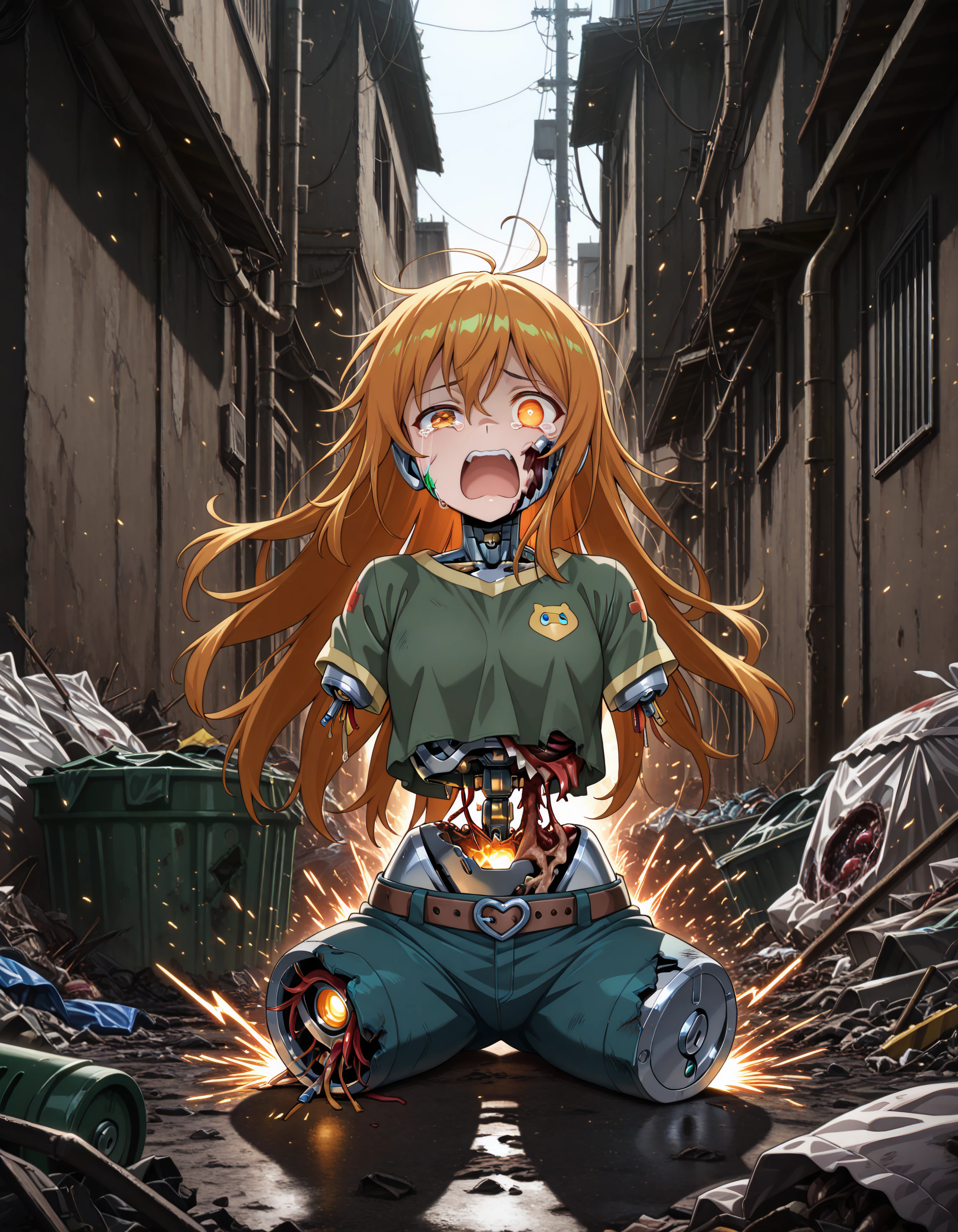 1girl, mechabare, damaged body, android robot, tears, ((scream, pain)), long hair, organge hair, navel, no legs, sparks, (amputee:1.3), (garbage dump), (body horror),mechanical guro, one eye missing, hdr, low contrast,
(masterpiece, best quality, absurdres), masterpiece, highres, perfect anatomy, anime style, anime screenshot, 32k wallpaper, ultra high quality, (extremely detailed cg), (perfect lighting), (sharp image), AddXL, qtsuneudon