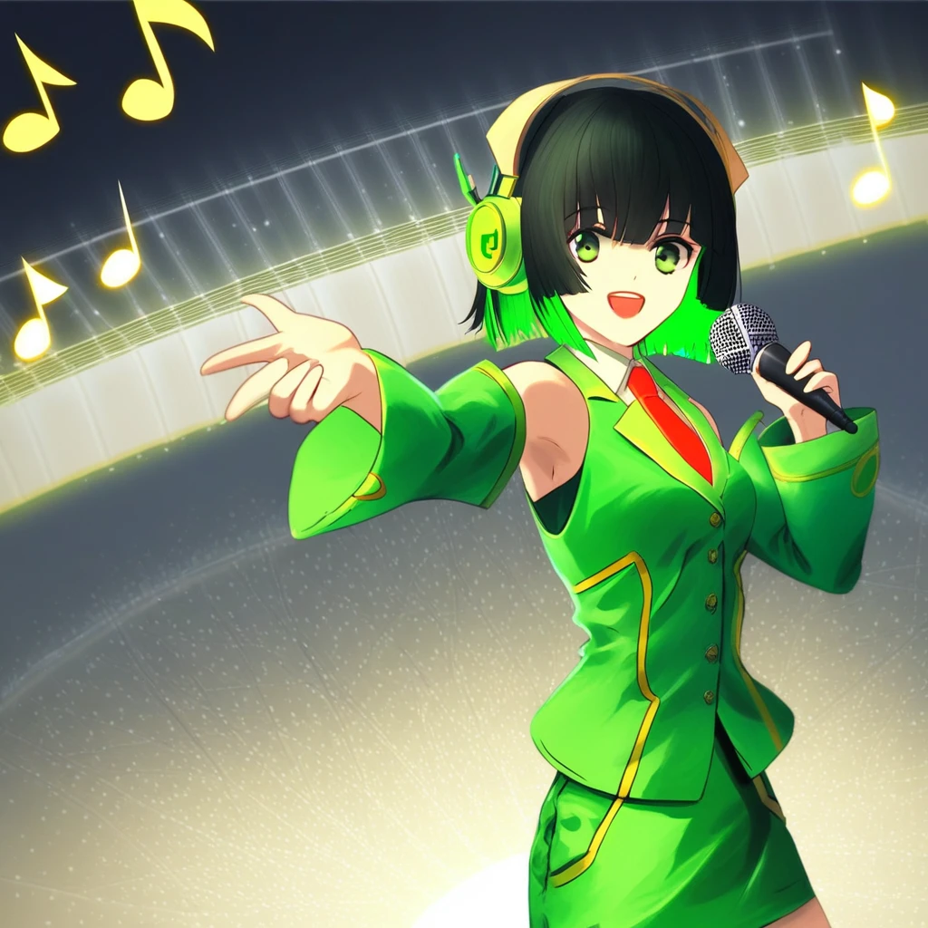 score_9, score_7_up, source_anime, masterpiece, best quality, detailed, perfect, perfection, aesthetic, absurd, 1girl, kyomachi seika, green eyes, black hair, green hair, two-tone hair, short hair, bangs, hair between eyes, headphones, white shirt, green jacket, red necktie, green skirt, pencil skirt, detached sleeves, holding microphone, singing, music, music note