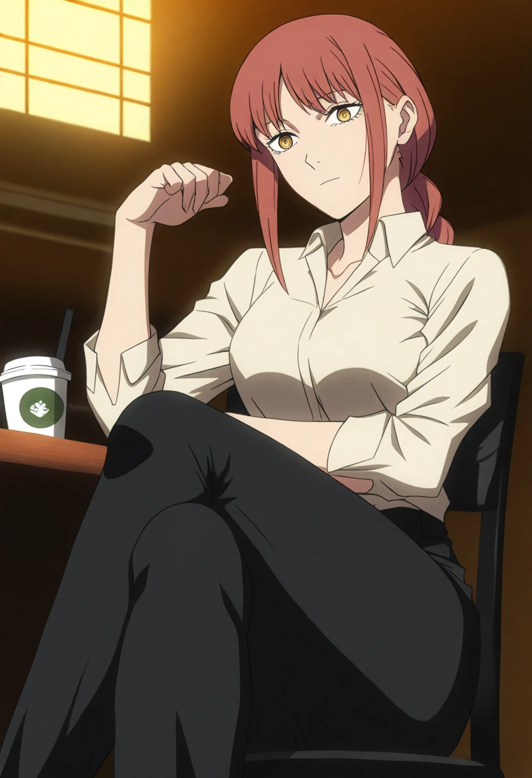 <lora:Makima - [Chainsaw Man] - illustriousXL v1:1>, sysdeep_makima, long hair,  auburn  hair, braid, ponytail, yellow eyes, anime coloring, office worker, coffee cup, tight blouse, sitting on chair, crossed legs, bright office setting