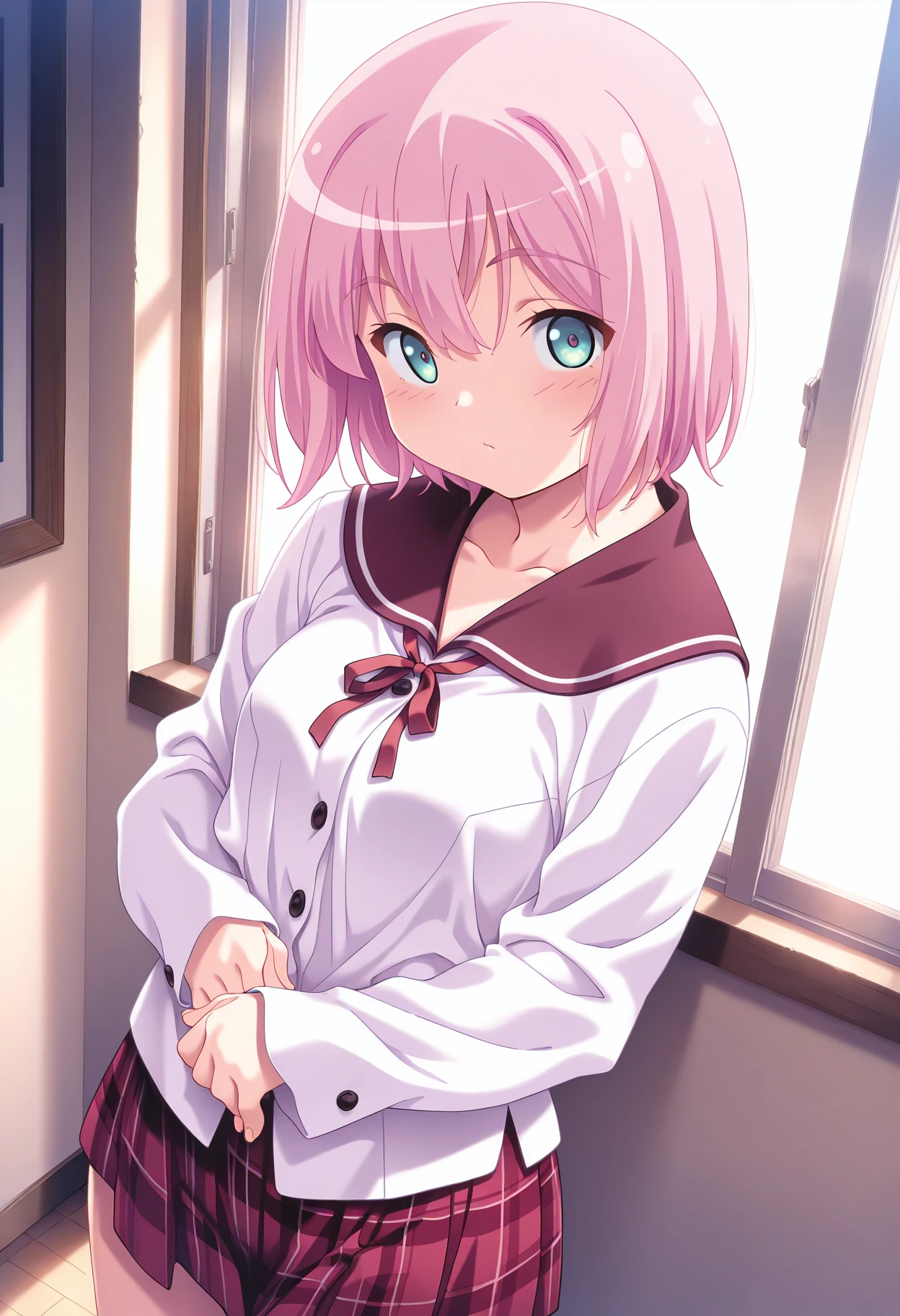 (Best Quality,4K,hight resolution,masutepiece:1.2),Ultra-detailed,Realistic:1.37,Illustration,Beautiful Girl,Charming bedroom,Pink hair,Long hair,Pink pleated skirt,pink sailor suit,Short sleeves,Huge breasts,nabel,Lifting the skirt with your hands,Showing white panties,Lift skirt to expose panties,Barefoot,Blue eyes,on the bed,lovely thighs,glowing thigh,Pastel colors,Soft lighting、Smirk、Imarachio、cumdrip、Female masturbation、 Juice、femaleejaculation