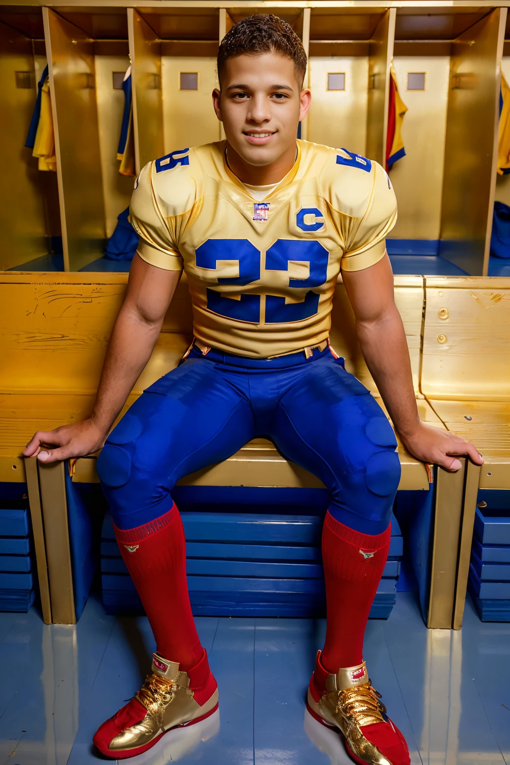 locker room, sitting on a bench, in front of lockers, smiling, NicoliCole is a (American football player) wearing (football uniform:1.3), (pale gold jersey:1.4), jersey number 12, (dark blue football pants:1.4), (red socks:1.4), long socks, (sneakers:1.3), (latino male), (((full body portrait))), wide angle <lora:NicoliCole:0.8>