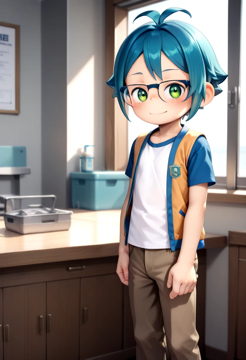 <lora:cutifiedanimecharacterdesign_variant_type_E_IL_v10:1>
type_e, blush, green eyes,male focus, blue hair, pants, 1boy, hapy face expression, smile, shirt, glasses, solo, open vest,
