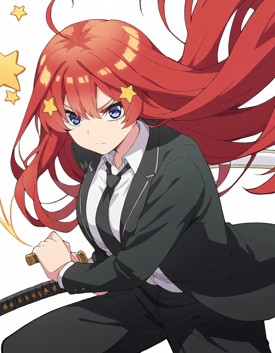 score_9, score_8_up, score_7_up, source_anime, <lora:itsuki-nakano-s2-ponyxl-lora-nochekaiser:1>, itsuki nakano, bangs, long hair, blue eyes, hair between eyes, ahoge, red hair, star (symbol), hair ornament, star hair ornament, large breasts, anime screencap, <lora:battoujutsu-stance-ponyxl-lora-nochekaiser:1>, battoujutsu stance, looking at viewer, holding, weapon, sword, holding weapon, holding sword, standing, katana, sheath, sheathed, fighting stance, ready to draw, shirt, long sleeves, jacket, white shirt, necktie, collared shirt, pants, black jacket, floating hair, black pants, formal, suit, black necktie, black suit, pant suit,,
