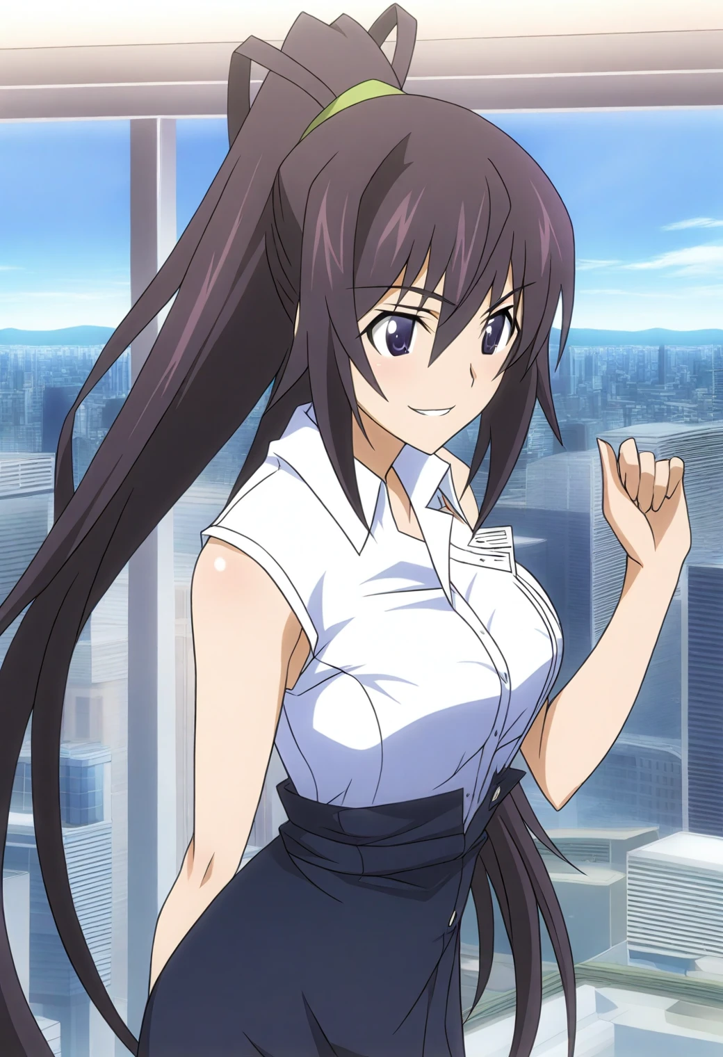 <lora:Houki Shinonono - [Infinite Stratos] - illustriousXL v1:1>, sysdeep_houki, very long hair, ponytail, anime coloring, businesswoman, standing at window, cityscape view, pencil skirt, confident smirk, indoors