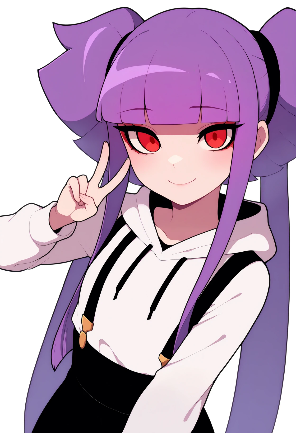 masterpiece, best quality, very aesthetic, absurdres,
1girl, althea, purple hair, blunt bangs, twintails, long hair, red eyes,
white hoodie, long sleeves, black suspenders skirt,
upper body, v sign,
smile, solo, looking at viewer, simple background, white background, <lora:AltheaNoobXL_byKonan:1>