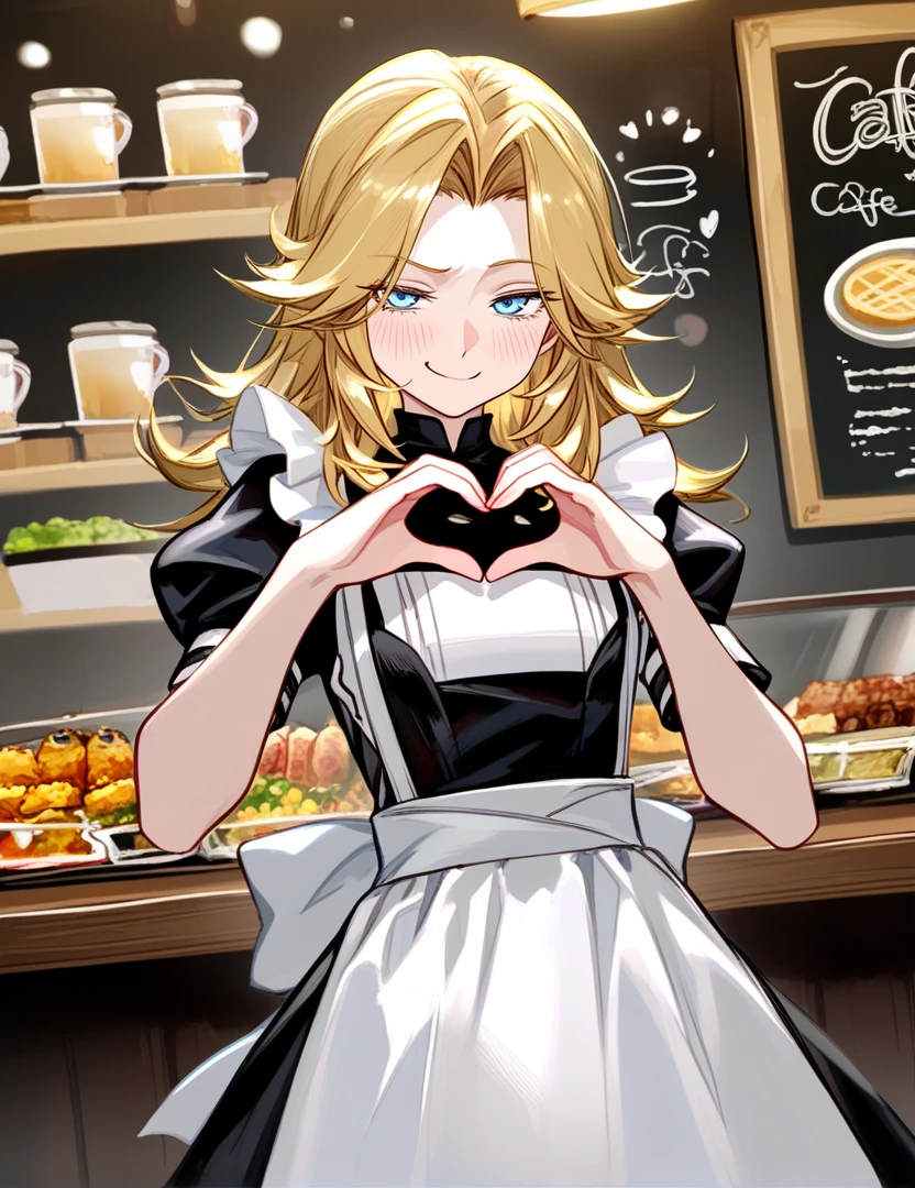 blonde hair, blue eyes, long hair,
maid,
cowboy shot, blush, smug, heart hands,
cafe, cowboy shot, food display,
masterpiece, best quality, very awa
<lora:invisiblewoman:1>