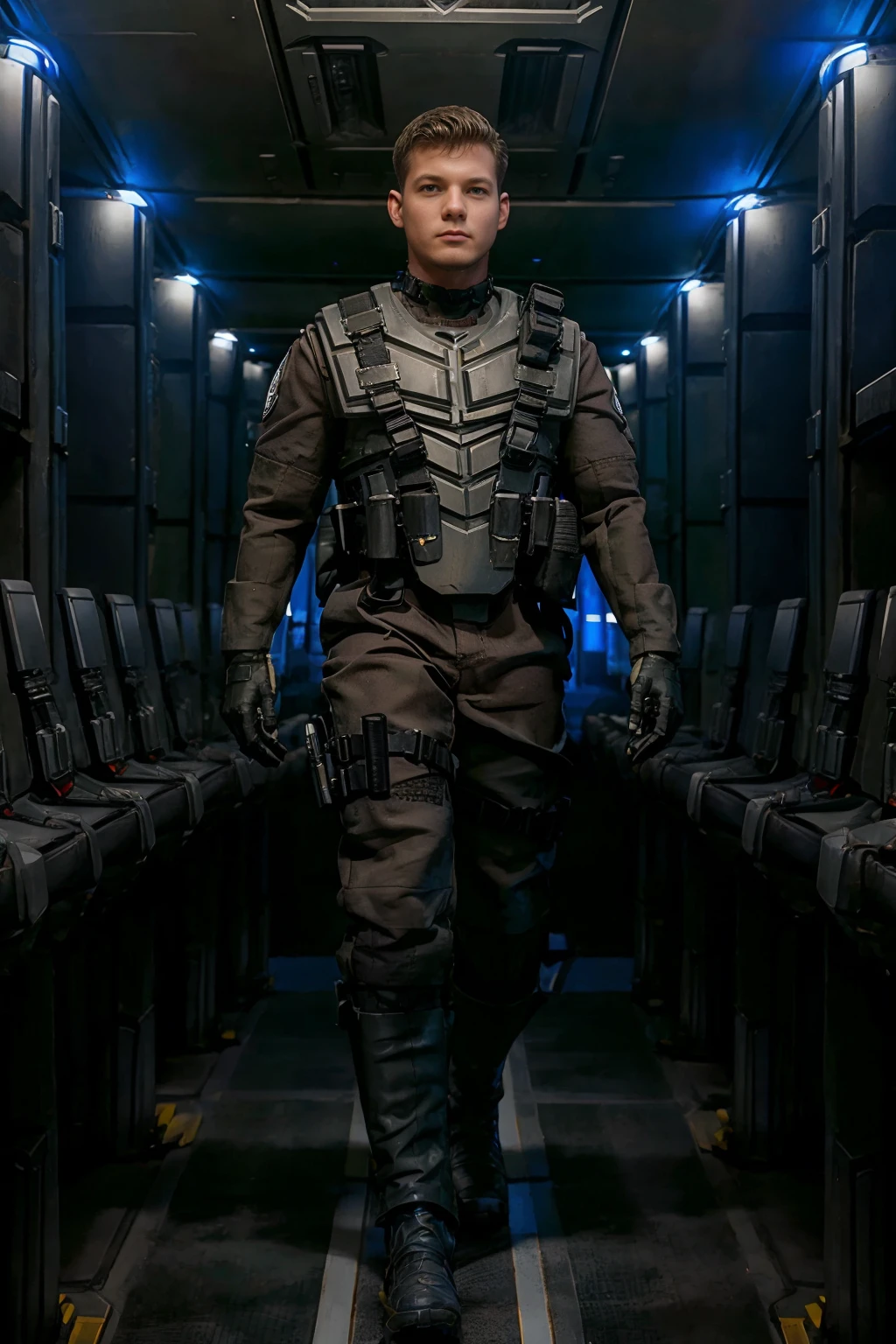 corridor of a starship, NicoliCole wearing starship troopers armor, gloves, armor, shoulder patch, bulletproof vest, military, (((full body portrait))), wide angle <lora:NicoliCole:0.8> <lora:StarshipTroopersArmor:0.85>