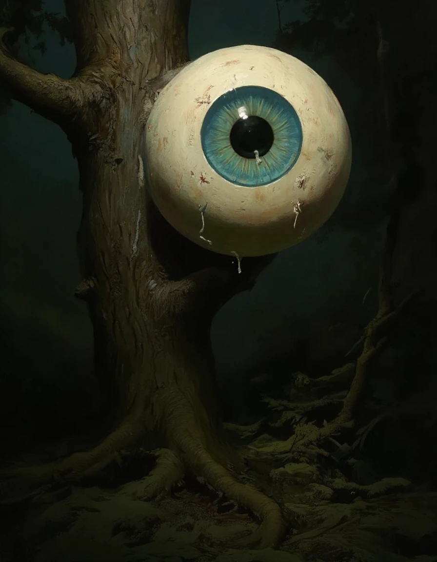 Fantasy painting of a large creepy eyeball embedded in a dark oak tree in a dank dark haunted forest