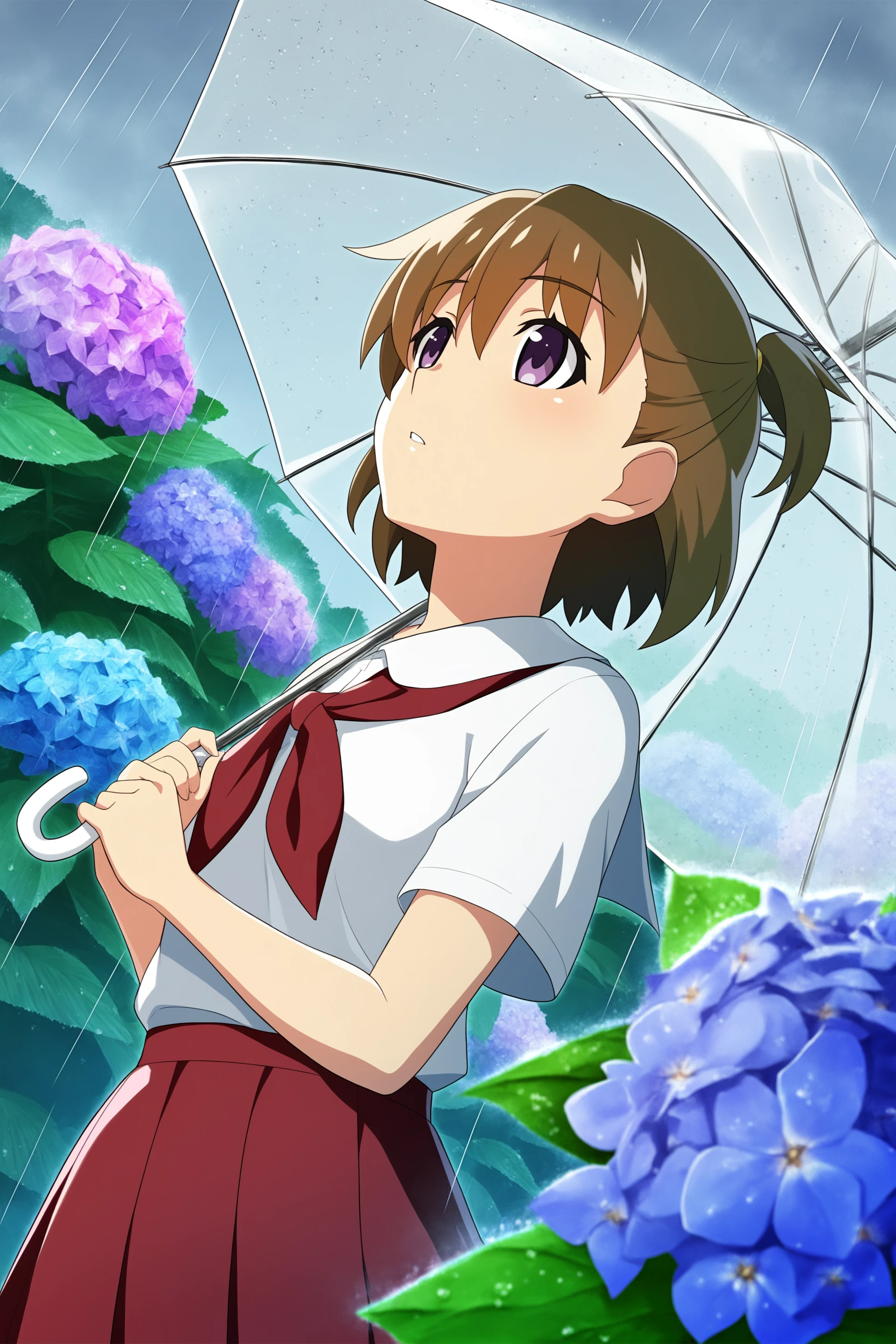 higurashimei, akasaka miyuki, 1girl, solo, short hair, shirt, skirt, brown hair, holding, school uniform, purple eyes, white shirt, flower, short sleeves, outdoors, pleated skirt, parted lips, collared shirt, neckerchief, red skirt, one side up, umbrella, red neckerchief, rain, holding umbrella, transparent, hydrangea, transparent umbrella, 
(atmospheric perspective), 
(masterpiece, best quality, absurdres, highres, newest, very awa:1.2), 