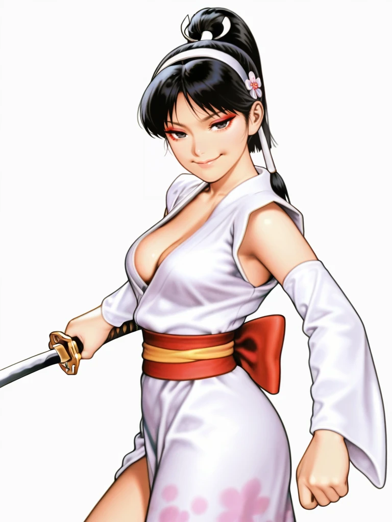 ((masterpiece, best quality)), ((39 year old)), (((Curvy))), ((Unohana from Bleach)), ((Japanese woman with long black braided hair)), ((pink satin panties)), pink satin bra, white kimono, Blue eyes, (((photo realistic)))
