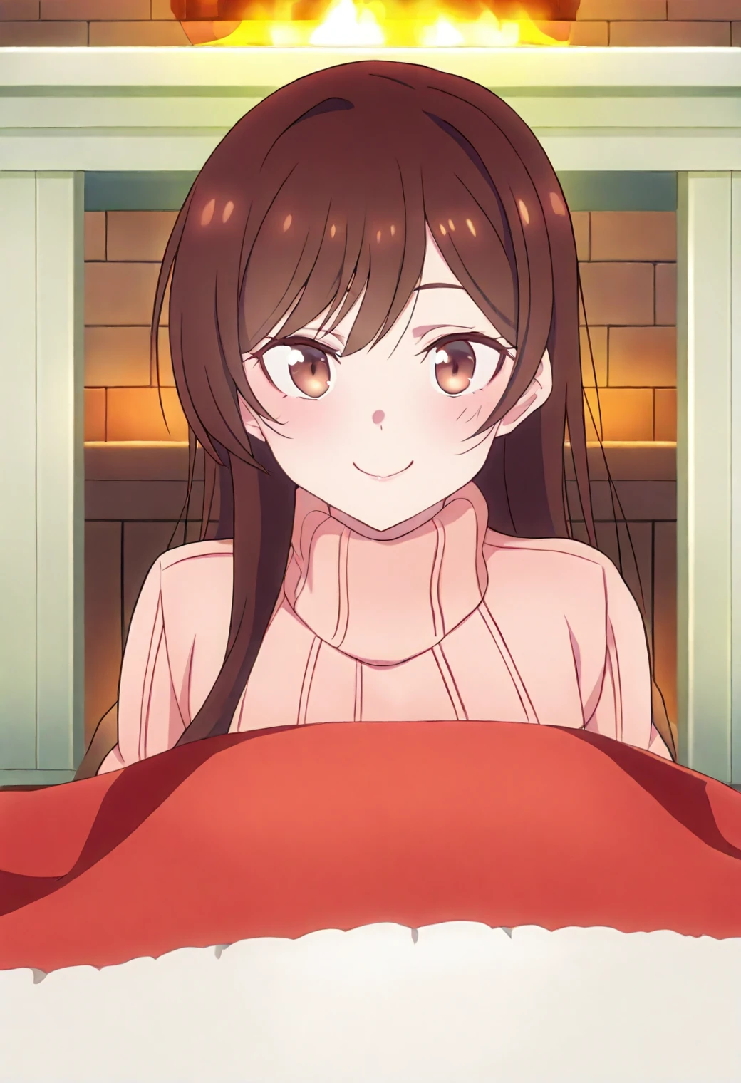 <lora:Chizuru Ichinose - [Rent-a-Girlfriend] - illustriousXL v1:1>, sysdeep_chizuru, long hair, brown hair, brown eyes, 1girl, solo, snowy cabin, fireplace glow, fluffy blanket, hot cocoa, thick sweater, cozy smile