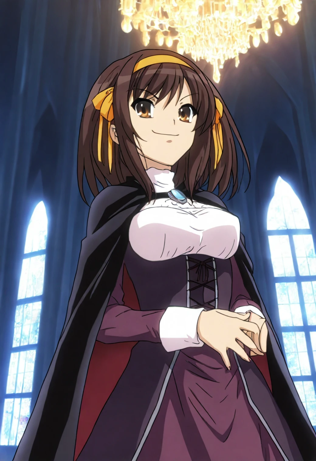 <lora:Haruhi Suzumiya - [The Melancholy of Haruhi Suzumiya] - illustriousXL v1:1>, sysdeep_haruhi,, medium hair, hairband, brown hair, brown eyes, anime coloring, 1girl, solo, dark castle, stained glass window, gothic dress, chandelier above, eerie glow, mysterious smirk, velvet cape