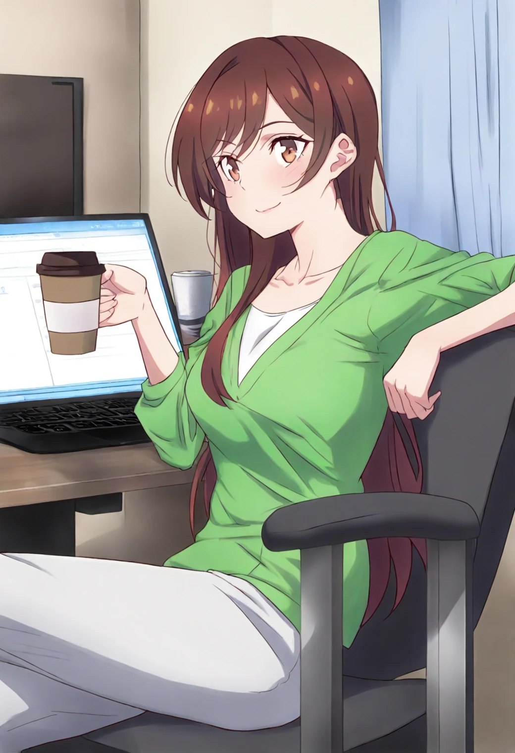 <lora:Chizuru Ichinose - [Rent-a-Girlfriend] - illustriousXL v1:1>, sysdeep_chizuru, long hair, brown hair, brown eyes, 1girl, solo, indoors, office, sitting, coffee cup, laptop, casual wear, office chair, relaxed pose, soft smile