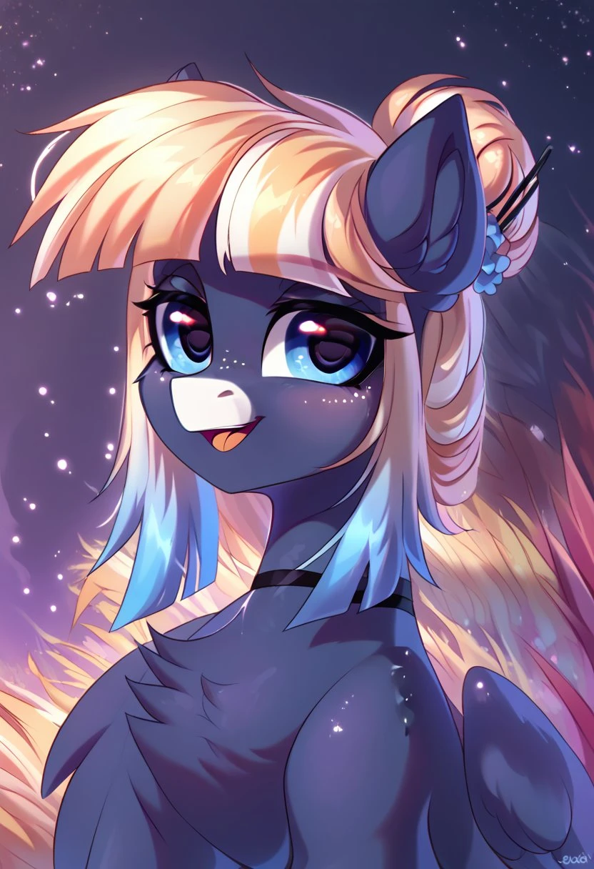 safe_pos, safe_pos, score_9, score_8_up, score_7_up, score_6_up,1 girl <lora:ockimono_silk:1>kimono silk,a dark purple-grey body with lighter grey hooves and a black collar, the mane and tail are long and gradient, going from peachy-white on top to light blue at the tips, the eyes are light blue, small dark spots scattered over the body, the ears are slightly pointed, the hair is styled into a loose bun and secured with sticks similar to a hair accessory,Pegasus (day), solo, pony, my little pony, body, shiny skin, looking at you, happy playful, cheerful dramatic solo <lora:RG:1.0> <lora:3D_Animation_Diffusion_Pony_style:0.5>