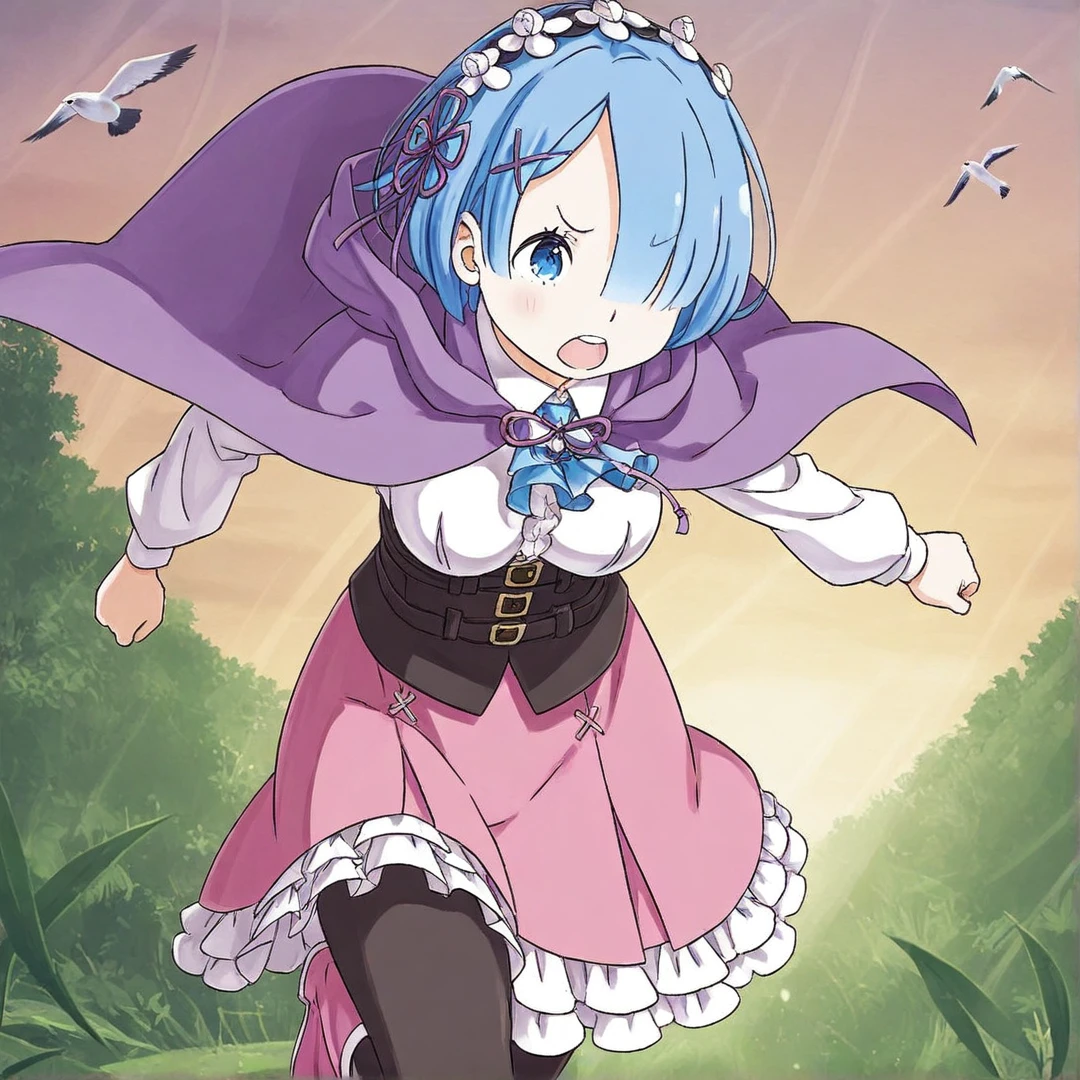 rem(arc7-8), wears a long-sleeved pink dress, with white frills at the hem of the long skirt, pink boots, black leggings, and a pink cloak, medium length sky blue hair that covers her right eye, large light blue eyes, has hair clips towards the left side of her hair, a flower-shaped ribbon on the same side of her hair, a maid hairband, ribbon colouring, large breasts, in a jungle, jungle vines, flying birds, running away, magic