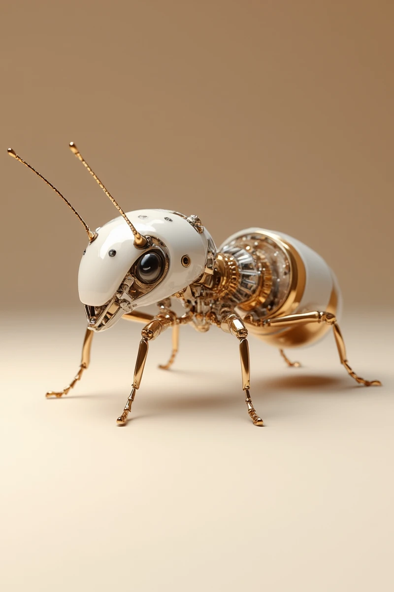 Create a tiny ant robot where the head is crafted from translucent porcelain, revealing mechanical workings inside. The legs and mandibles are made of brushed metal, emphasizing the robust mechanical design while still reflecting a natural aesthetic. The body should blend ceramic and metal seamlessly, showcasing intricate details that highlight the elegance of both materials. The composition should be guided by golden ratio principles, focusing on the ant's silhouette against a spacious beige background, creating a sense of isolation that emphasizes the meticulous craftsmanship. Use directional lighting to cast dynamic shadows across the robot, enhancing the visual impact of the fusion between ceramic and mechanized features.jxkc
