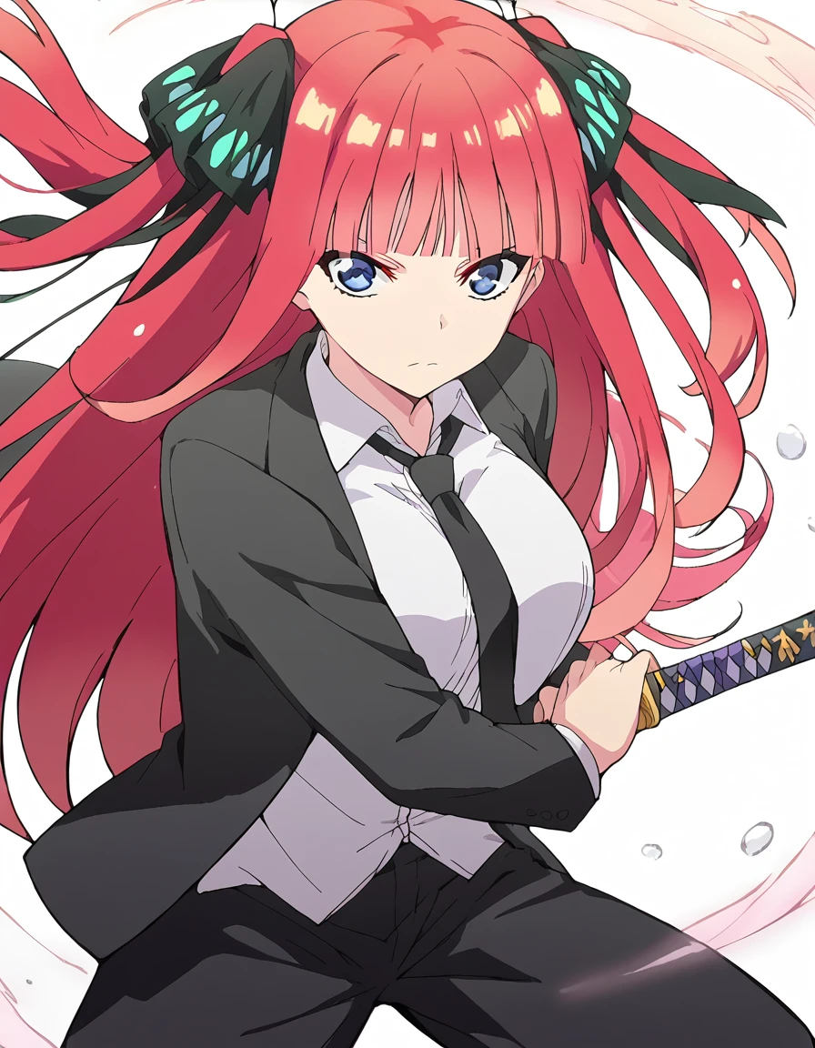 score_9, score_8_up, score_7_up, source_anime, <lora:nnakano-s2-ponyxl-lora-nochekaiser:1>, long hair, bangs, blue eyes, hair ornament, hair ribbon, pink hair, blunt bangs, two side up, butterfly hair ornament, large breasts, anime screencap, <lora:battoujutsu-stance-ponyxl-lora-nochekaiser:1>, battoujutsu stance, looking at viewer, holding, weapon, sword, holding weapon, holding sword, standing, katana, sheath, sheathed, fighting stance, ready to draw, shirt, long sleeves, jacket, white shirt, necktie, collared shirt, pants, black jacket, floating hair, black pants, formal, suit, black necktie, black suit, pant suit,,
