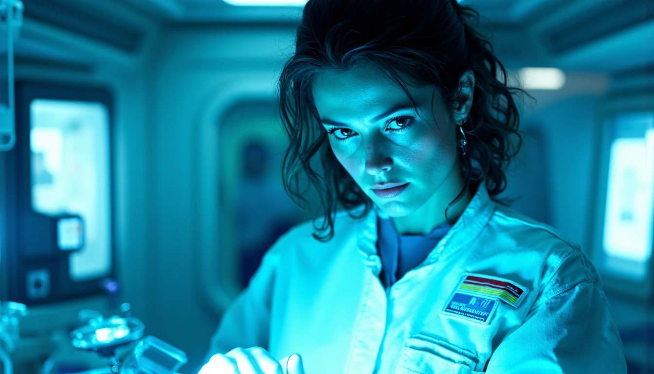 nostromo style,
woman wearing jumpsuit, sickbay, laboratory, science fiction, horror,
extremely detailed:1.2, sharp:1.2, bold outlines,
sharp focus, detailed face, clear eyes, Detailed perfect hand