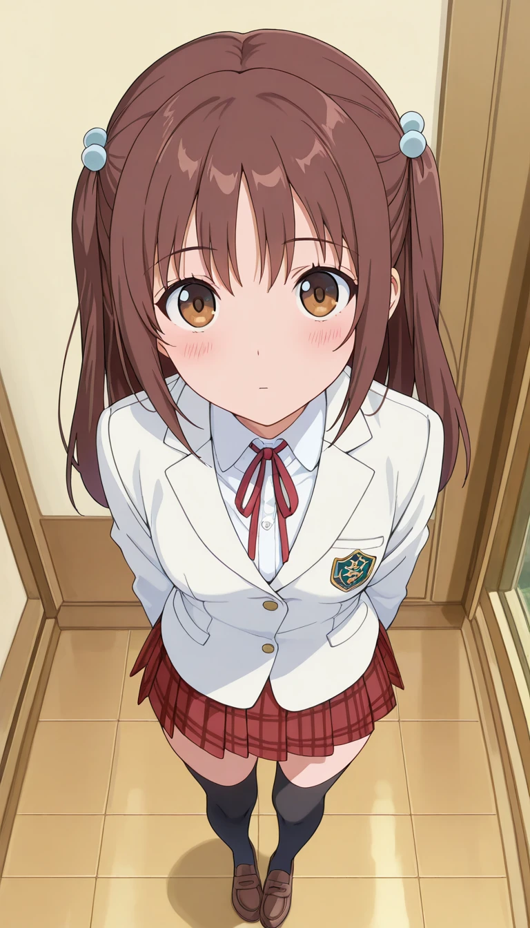 (masterpiece),best quality,amazing quality,very aesthetic,absurdres,newest,perfect body,shiny skin,perfect eyes,detail1eye,well-defined fingers,well-defined fingernails,anime style,indoors,1girl,solo,upper body,(portrait:1.5),looking at viewer,facing viewer,expressionless,blush,Uchida Yuka,long hair,brown hair,two side up,hair ornament,hair bobbles,bangs,brown eyes,school uniform,white jacket,blazer,neck ribbon,red ribbon,collared shirt,white shirt,small breasts,miniskirt,red skirt,pleated skirt,plaid skirt,zettai ryouiki,black thighhighs,loafers,<lora:Uchida Yuka(m-k)-Illus:2>,