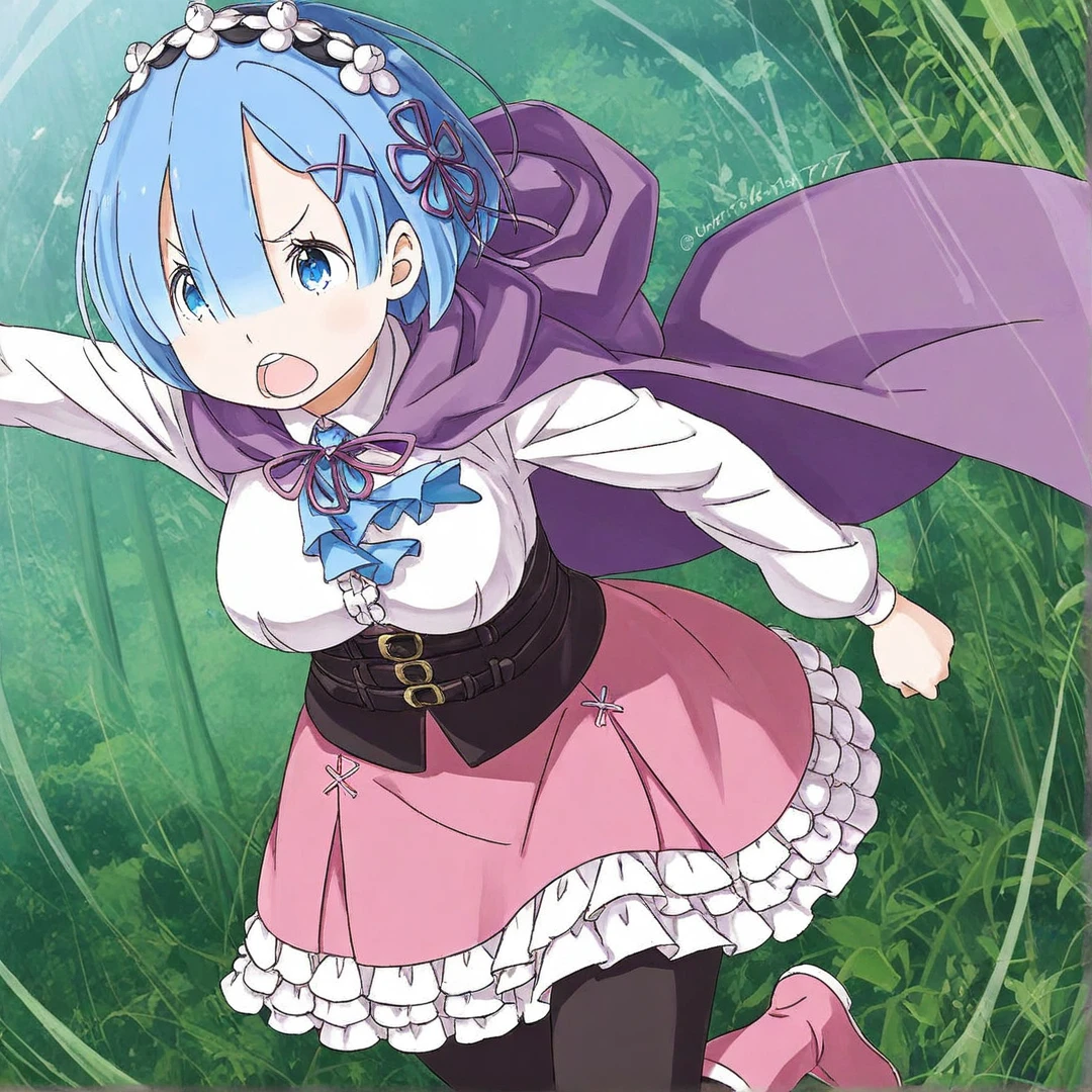 rem(arc7-8), wears a long-sleeved pink dress, with white frills at the hem of the long skirt, pink boots, black leggings, and a pink cloak, medium length sky blue hair that covers her right eye, large light blue eyes, has hair clips towards the left side of her hair, a flower-shaped ribbon on the same side of her hair, a maid hairband, ribbon colouring, large breasts, in a jungle, jungle vines, flying birds, running away, magic