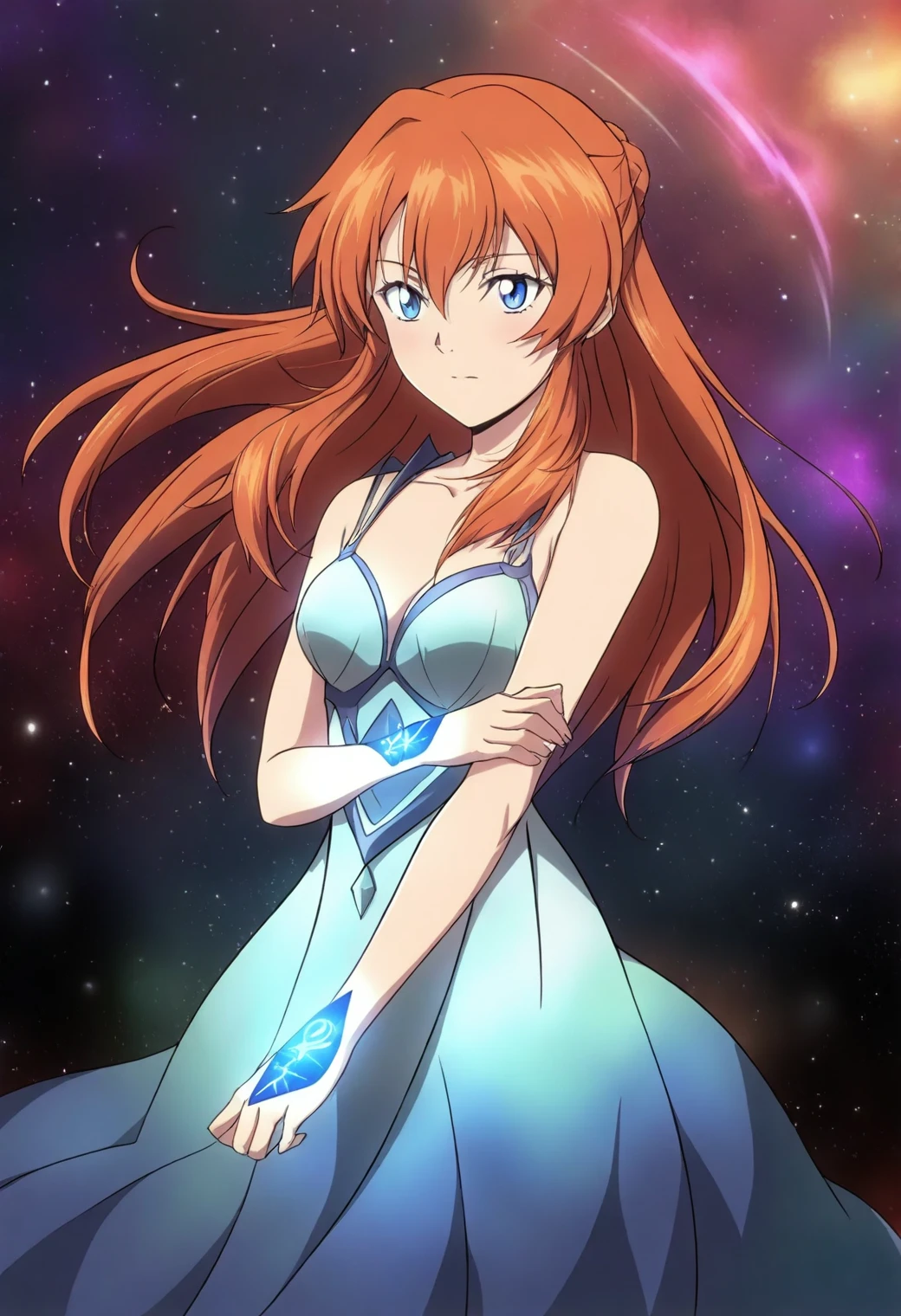 <lora:Asuka Langley - [Neon Genesis Evangelion] - illustriousXL v1:1>, sysdeep_asuka, brown orange hair, long hair, blue eyes, anime coloring, 1girl, solo, floating in mid-air, glowing runes, cosmic backdrop, ethereal dress, celestial glow, galaxies, serene expression