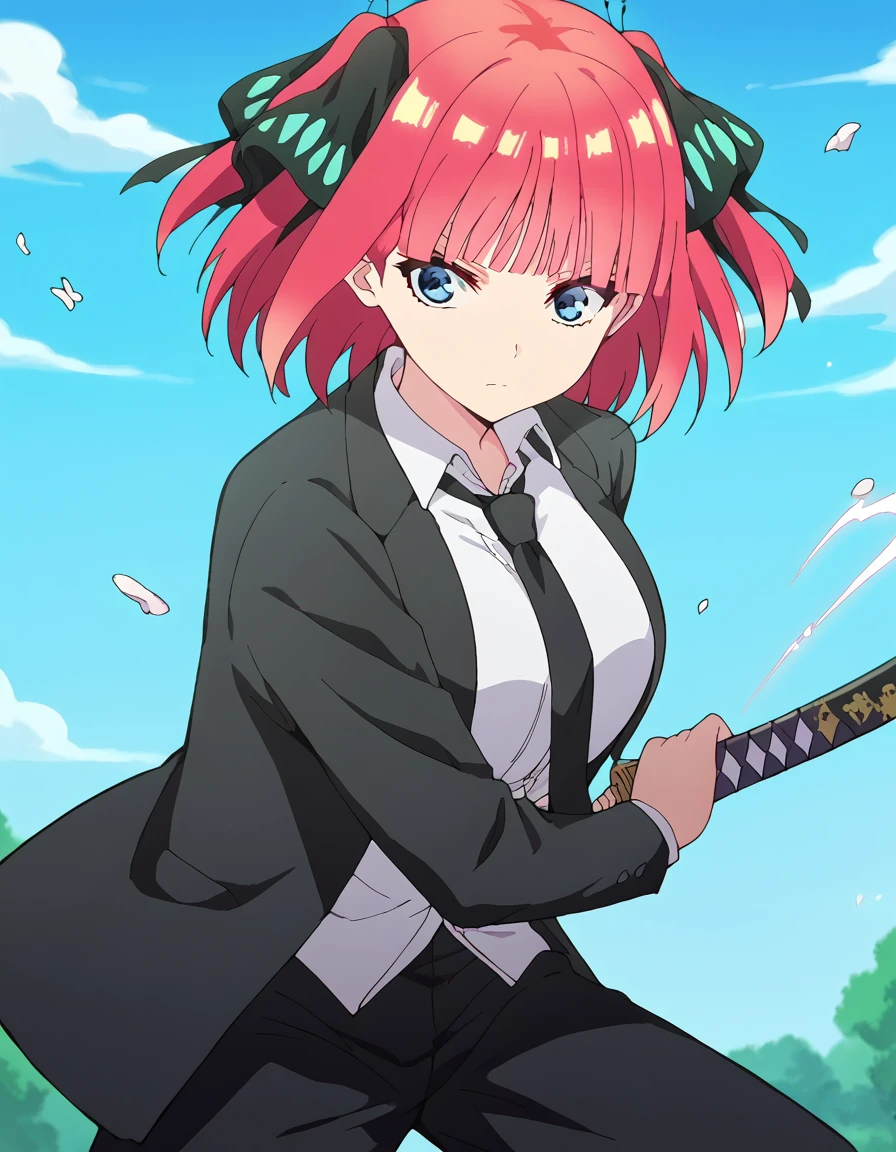 score_9, score_8_up, score_7_up, source_anime, <lora:nnakano-s2-ponyxl-lora-nochekaiser:1>, short hair, bangs, blue eyes, hair ornament, hair ribbon, pink hair, blunt bangs, two side up, butterfly hair ornament, large breasts, anime screencap,, <lora:battoujutsu-stance-ponyxl-lora-nochekaiser:1>, battoujutsu stance, looking at viewer, holding, weapon, sword, holding weapon, holding sword, standing, katana, sheath, sheathed, fighting stance, ready to draw, shirt, long sleeves, jacket, white shirt, necktie, collared shirt, pants, black jacket, floating hair, black pants, formal, suit, black necktie, black suit, pant suit,,